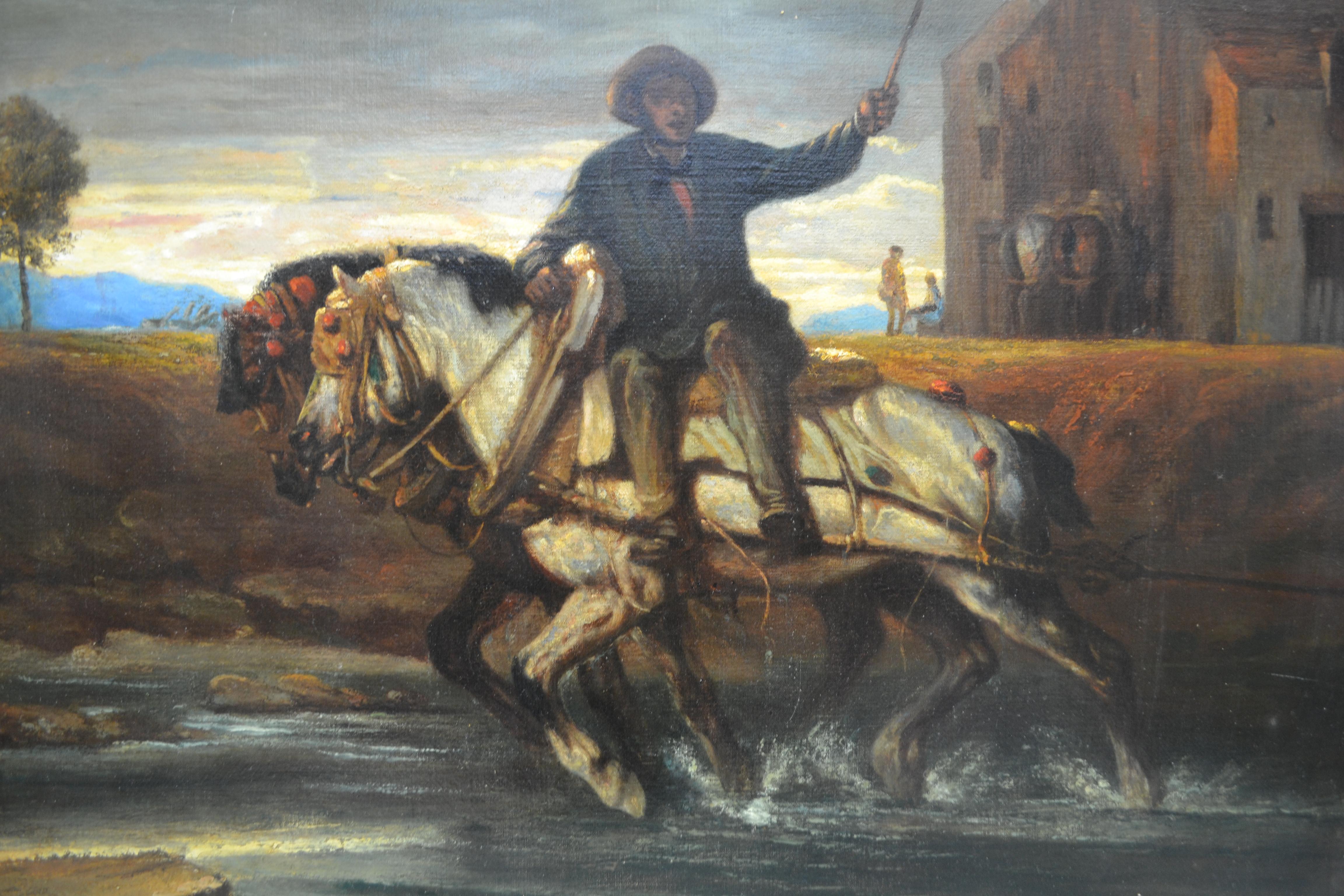 Impressionistische Bauernhofsszene mit zwei Pferden aus dem 19. Jahrhundert (Leinwand) im Angebot