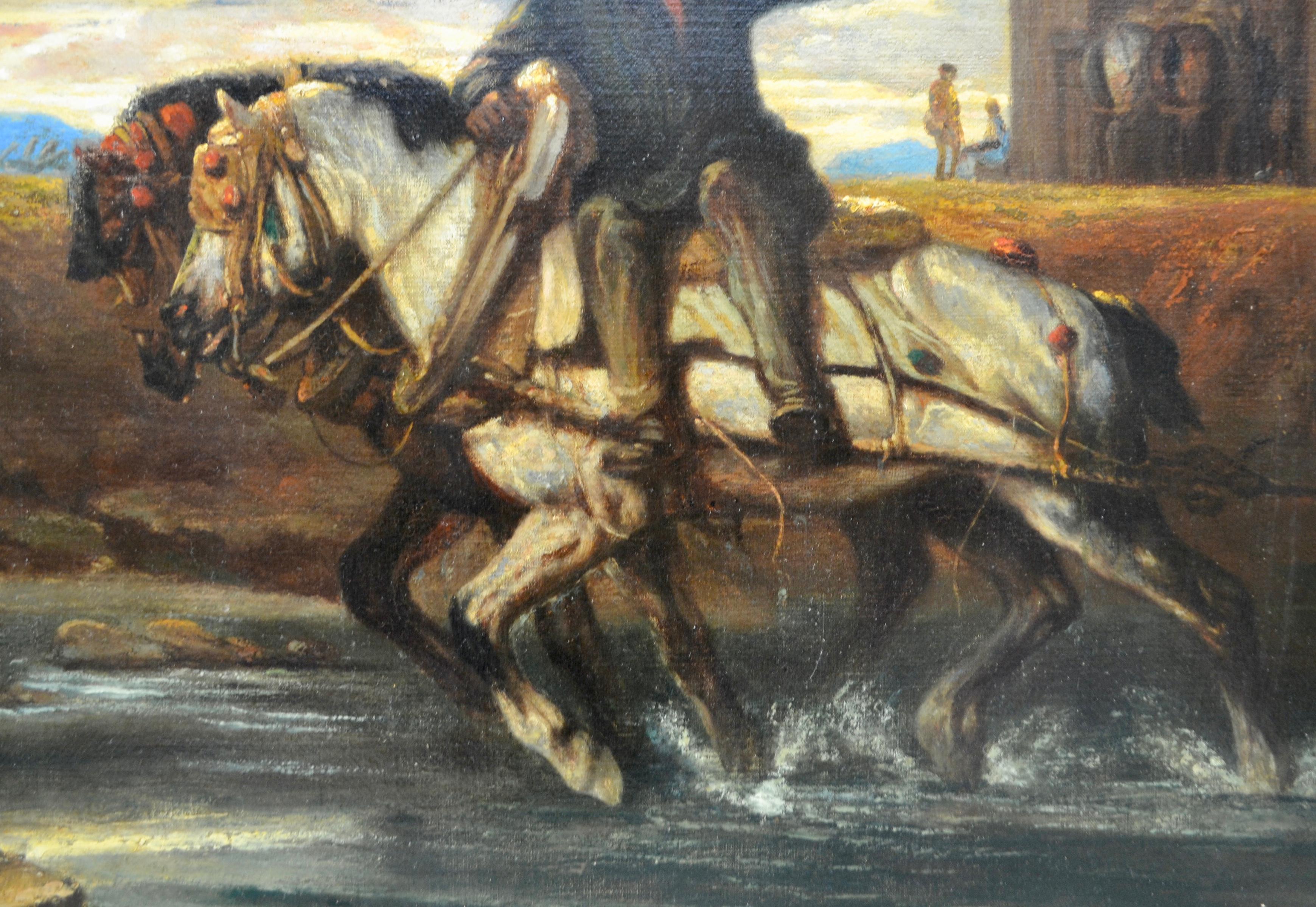 Impressionistische Bauernhofsszene mit zwei Pferden aus dem 19. Jahrhundert im Angebot 1
