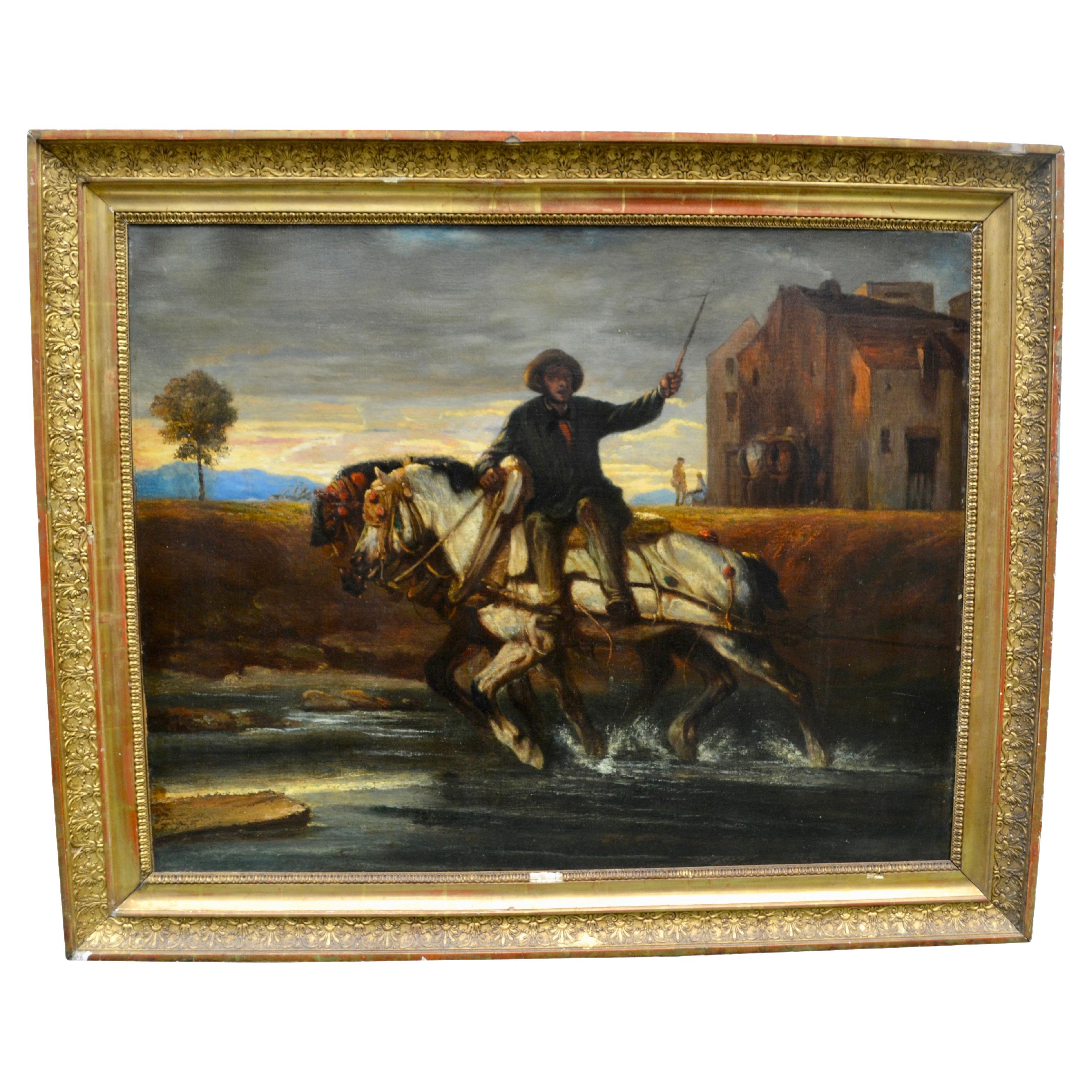 Scène de ferme impressionniste du 19e siècle avec deux chevaux jumeaux