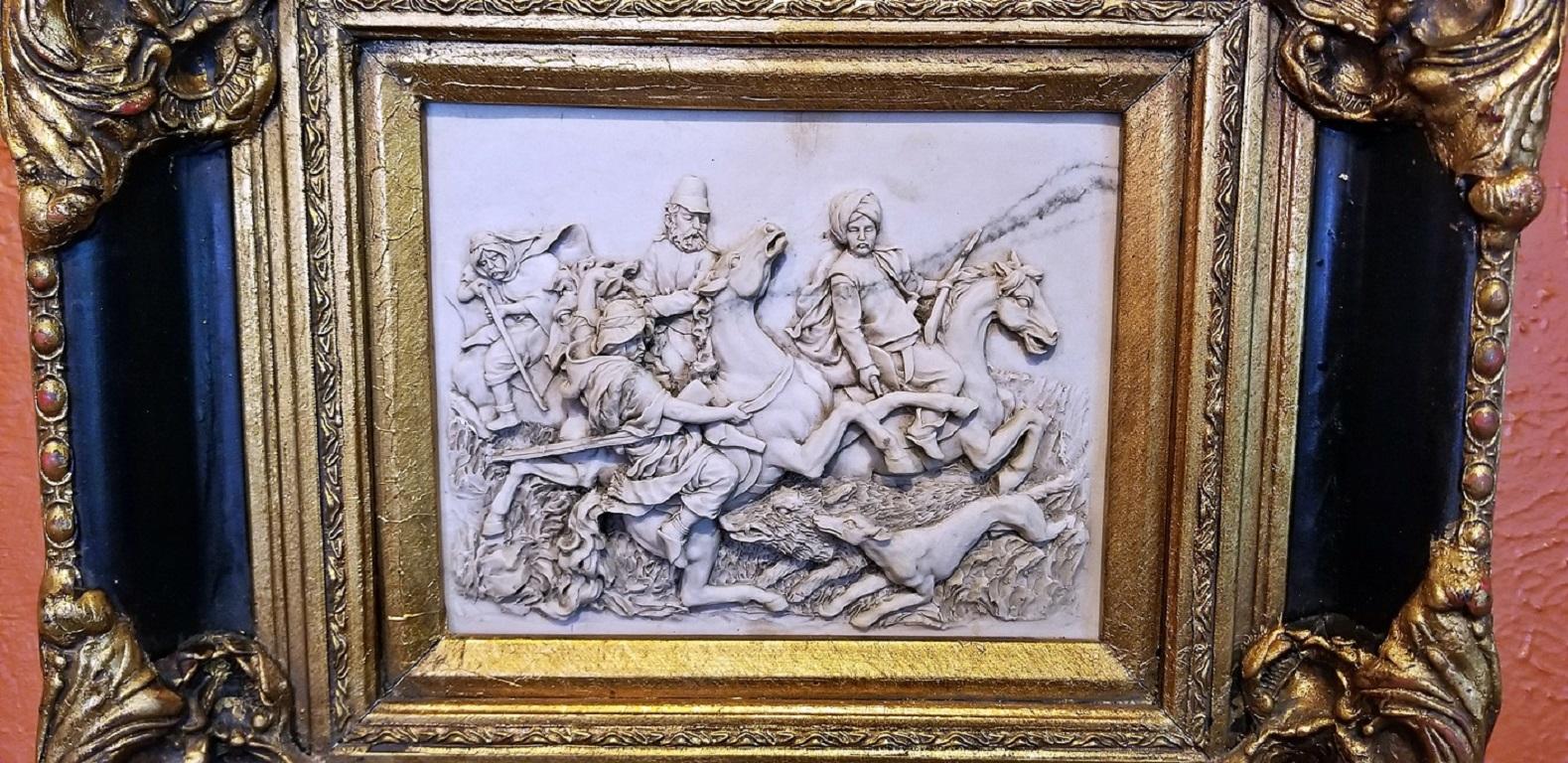 Anglo Raj 19 Century Indo Persian Framed Marble Plaque of Wild Boar Hunt