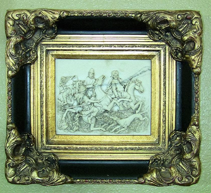 Hand-Carved 19 Century Indo Persian Framed Marble Plaque of Wild Boar Hunt