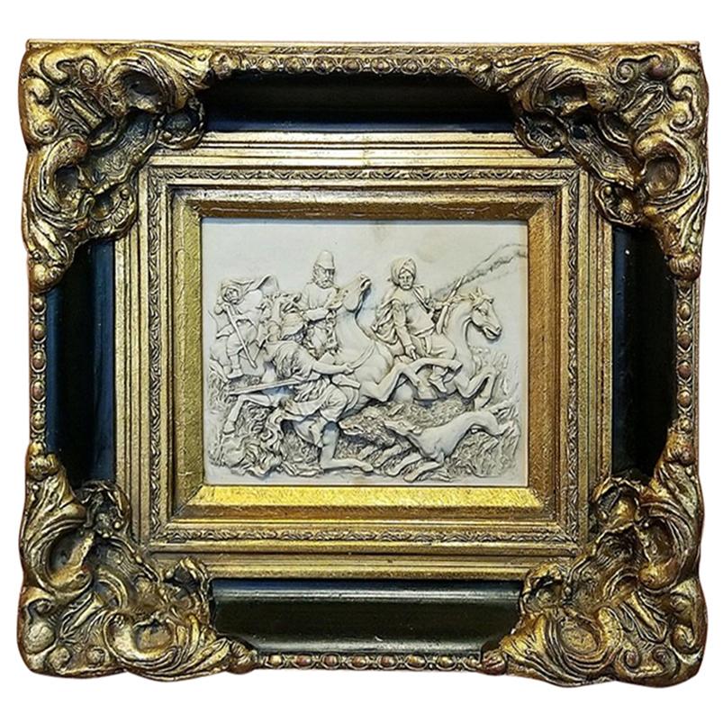 19 Century Indo Persian Framed Marble Plaque of Wild Boar Hunt