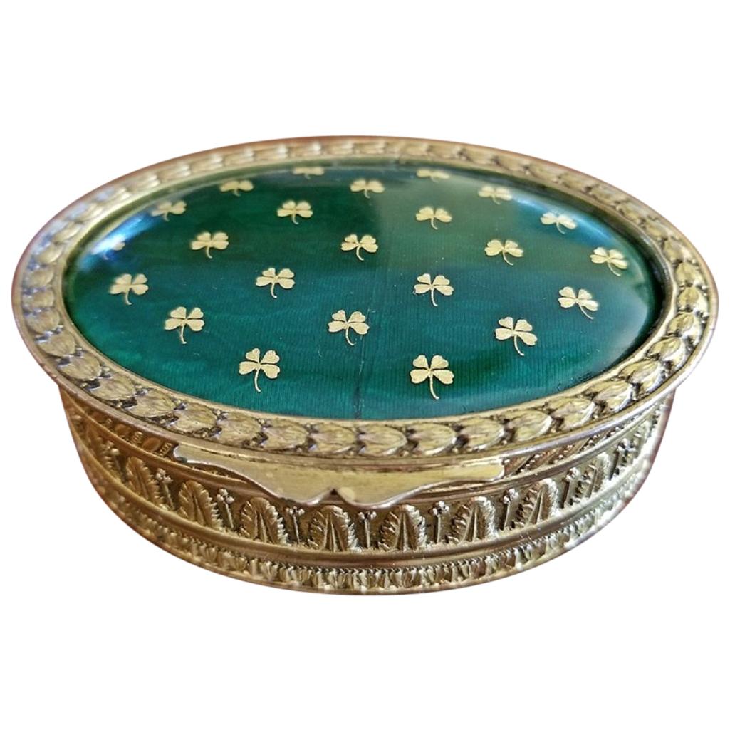 19 Century Irish Gilt Metal and Green Enamel Ring Box