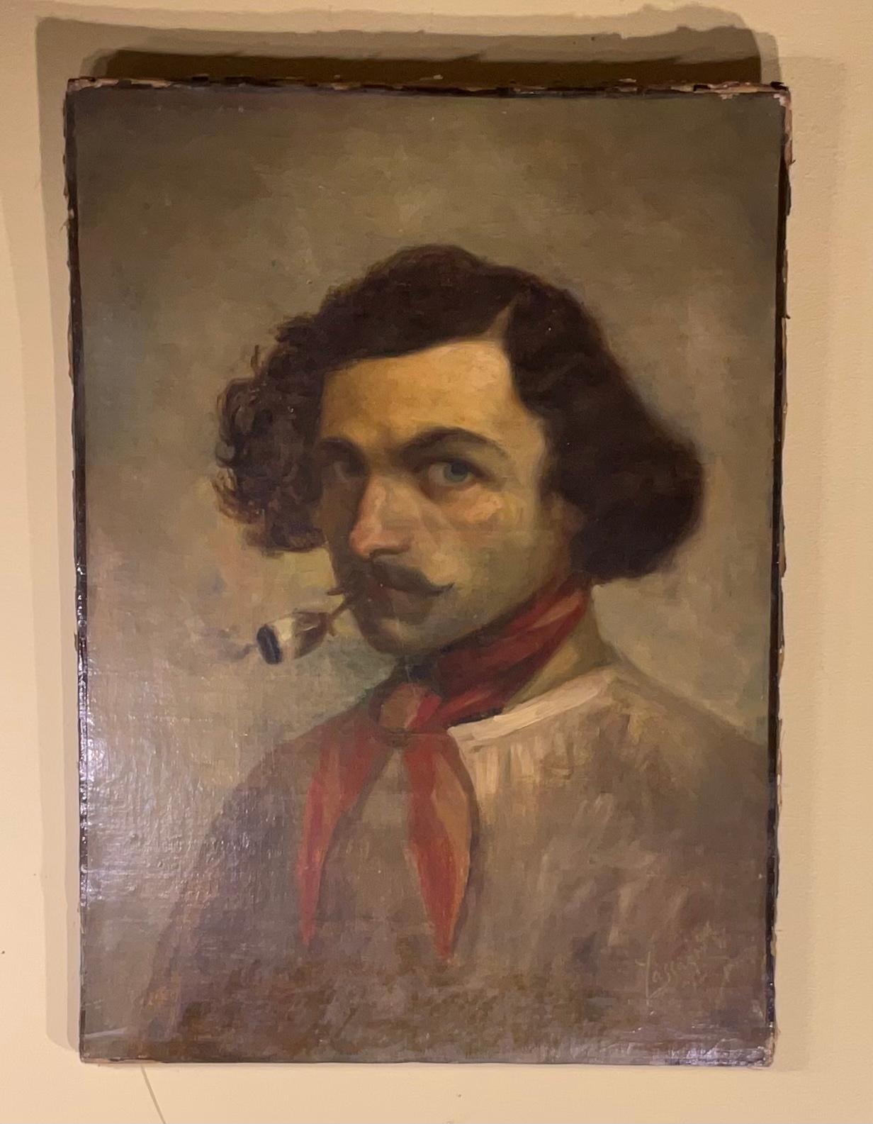 Exceptional antique oil painting one canvas, showing a bohemian portrait of a young man smoking pipe. With penetrating look of blue eyes.
This painting is very old over a century and will be great object of art addition to 
Any room.