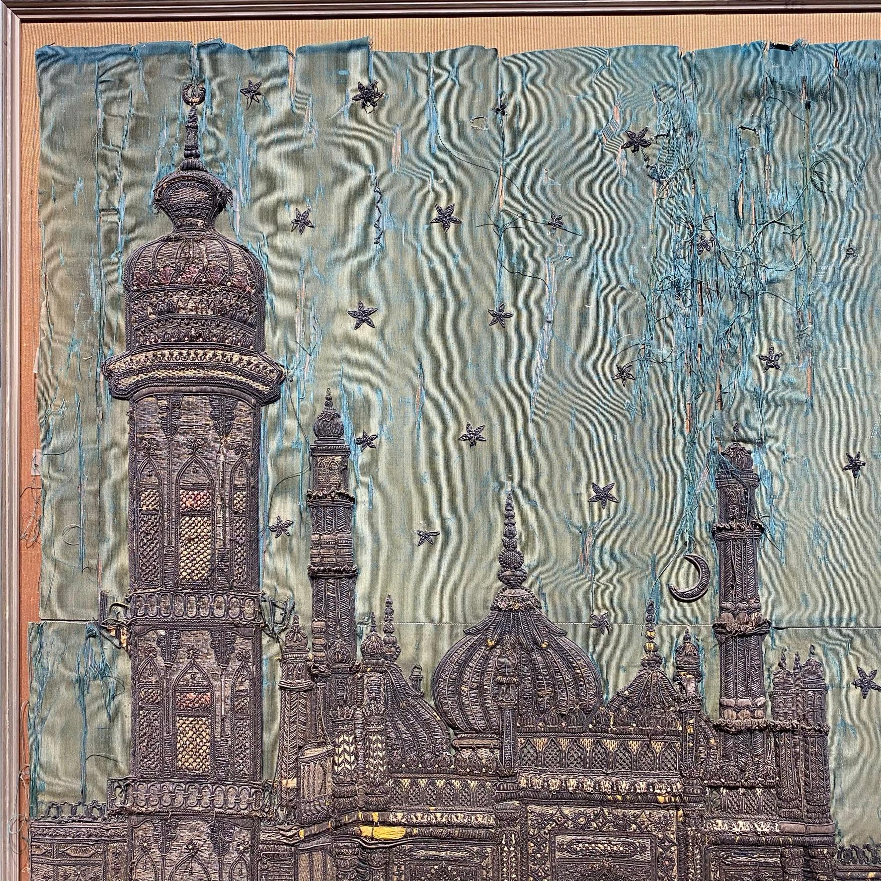 Turkish 19 Century Ottoman Embroidered Silk Picture of a Mosque