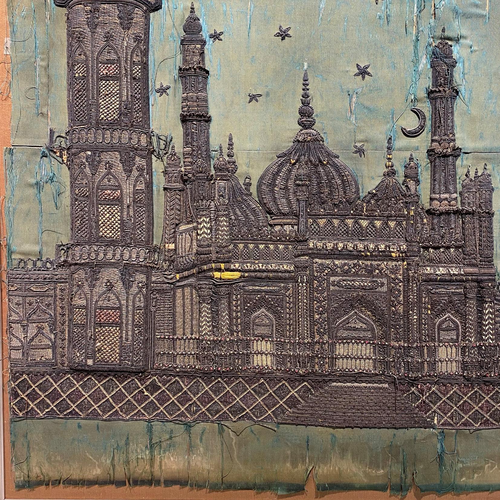 19 Century Ottoman Embroidered Silk Picture of a Mosque In Fair Condition In New York, NY