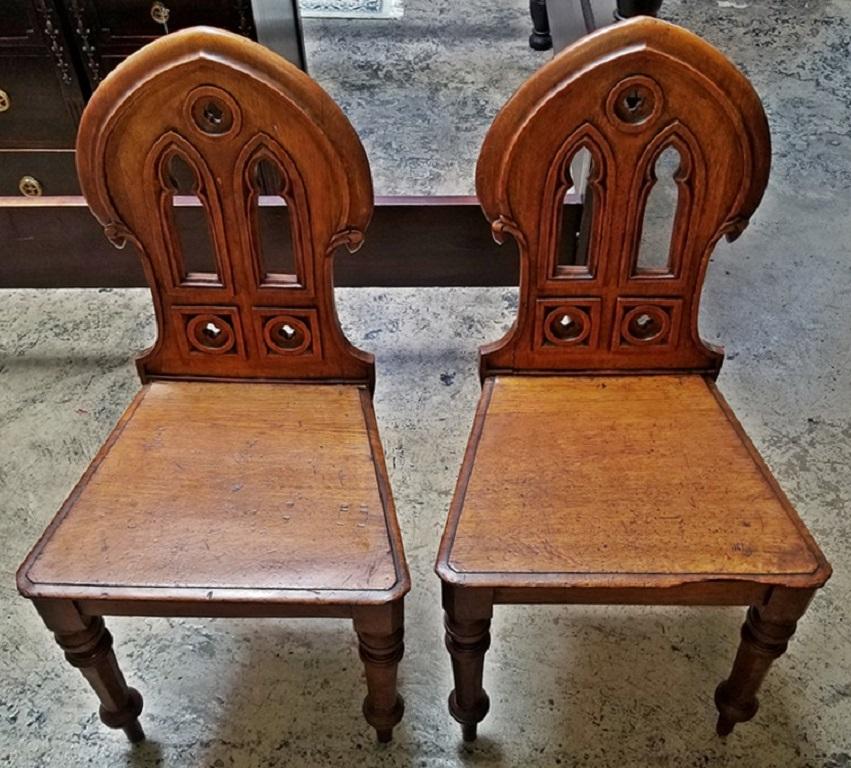 English 19 Century Pair of Walnut Gothic Revival Hall Chairs