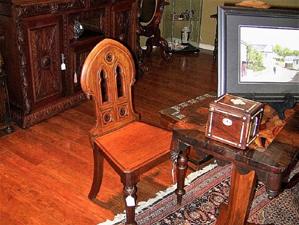 Hand-Carved 19 Century Pair of Walnut Gothic Revival Hall Chairs