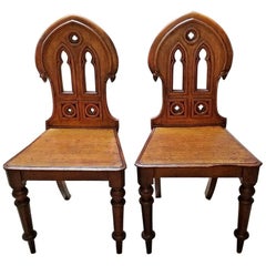 19 Century Pair of Walnut Gothic Revival Hall Chairs