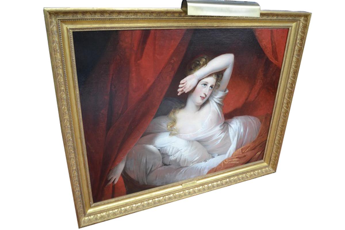 French  19 Century Romantic Oil Painting entitled 'Le Reveil' by Claude-Marie Dubufe For Sale