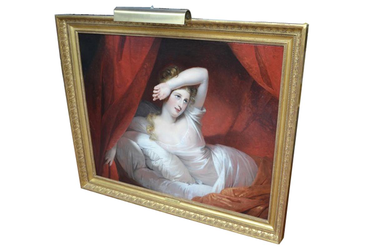 Painted  19 Century Romantic Oil Painting entitled 'Le Reveil' by Claude-Marie Dubufe For Sale