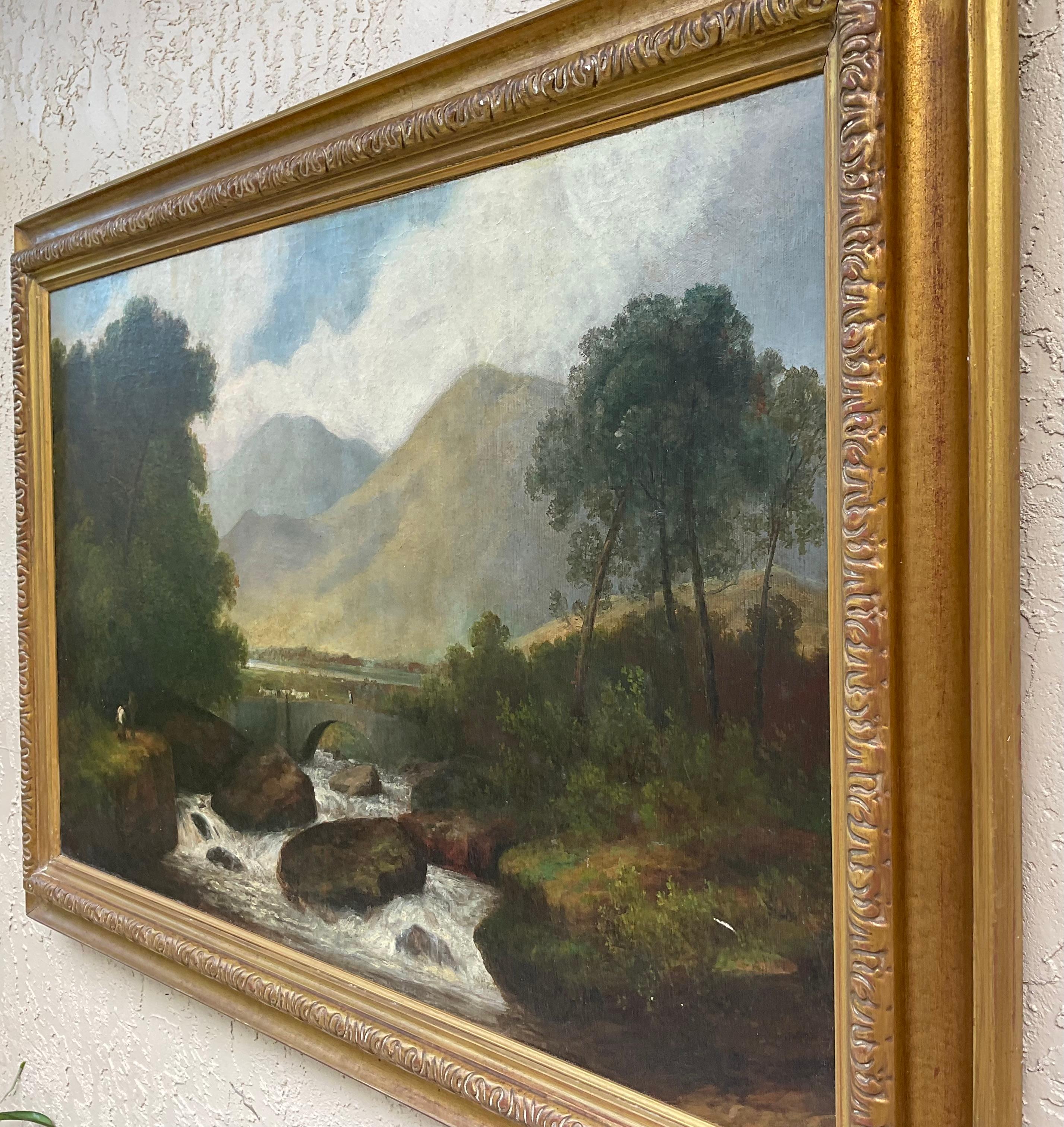 Peinture à l'huile du 19ème siècle représentant un paysage de rivière écossaise ou anglaise en vente 5