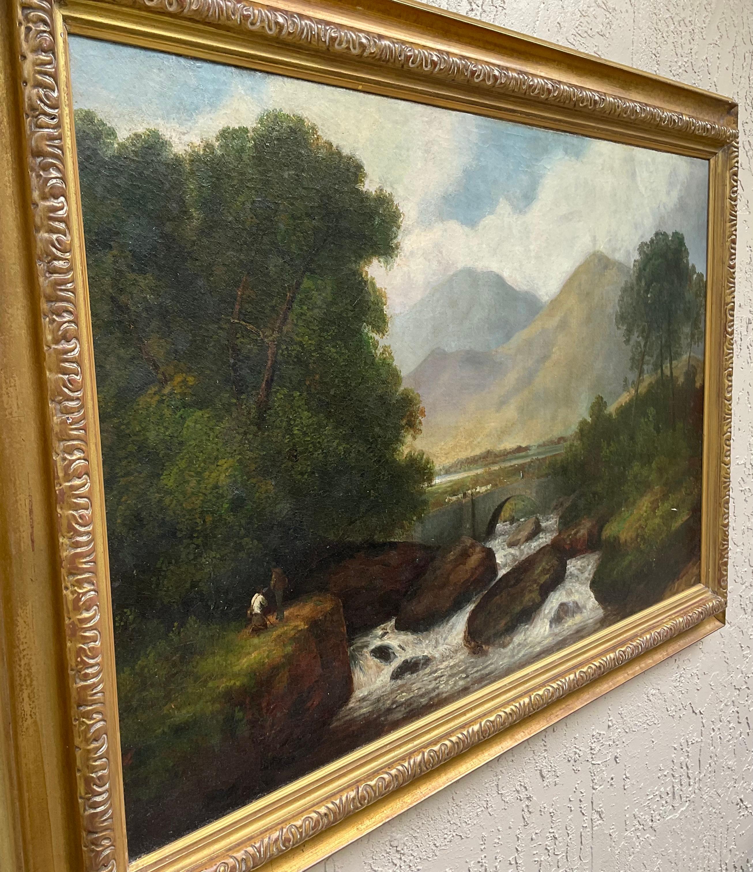 Peinture à l'huile du 19ème siècle représentant un paysage de rivière écossaise ou anglaise en vente 6
