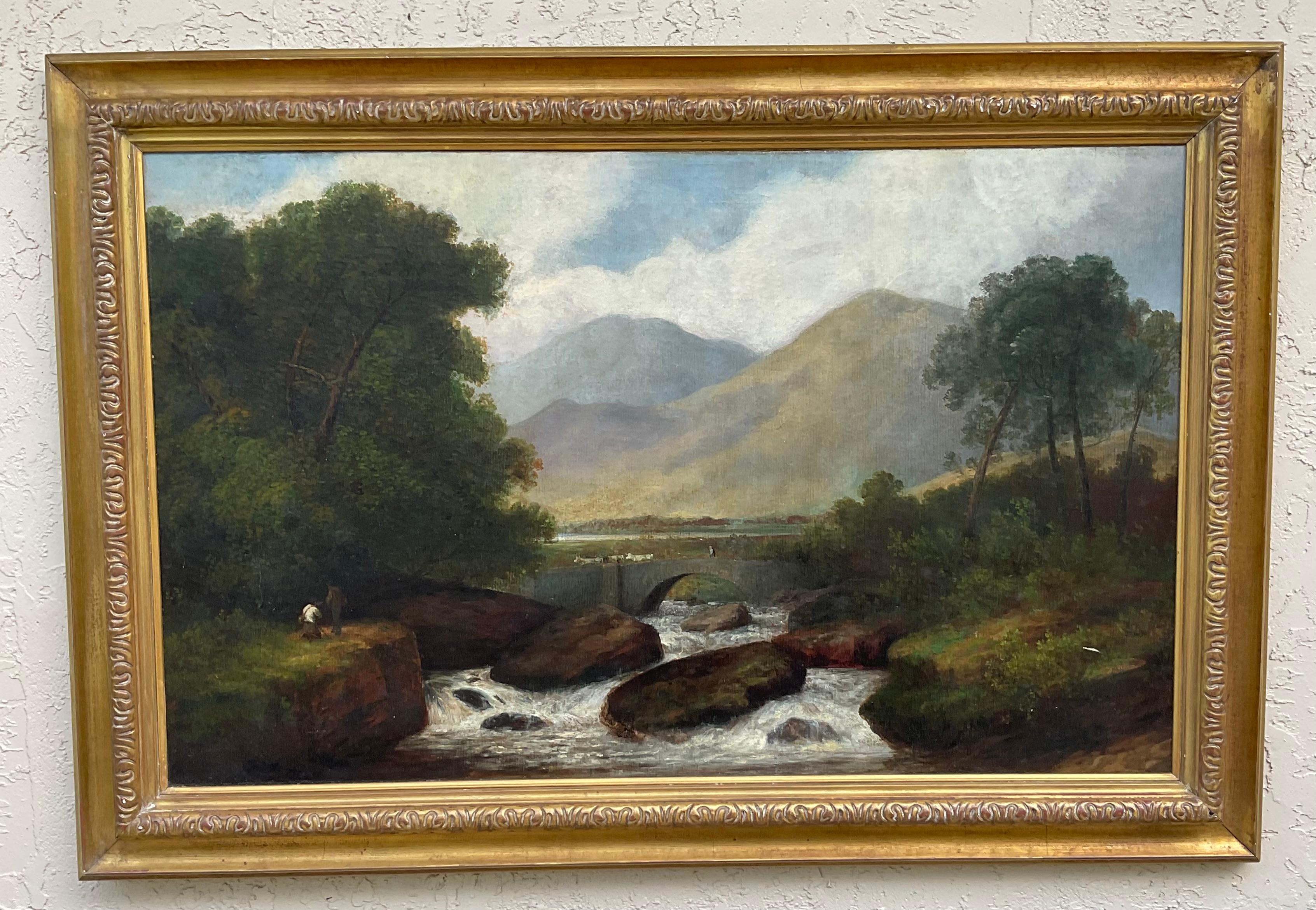 Peinture à l'huile du 19ème siècle représentant un paysage de rivière écossaise ou anglaise en vente 7