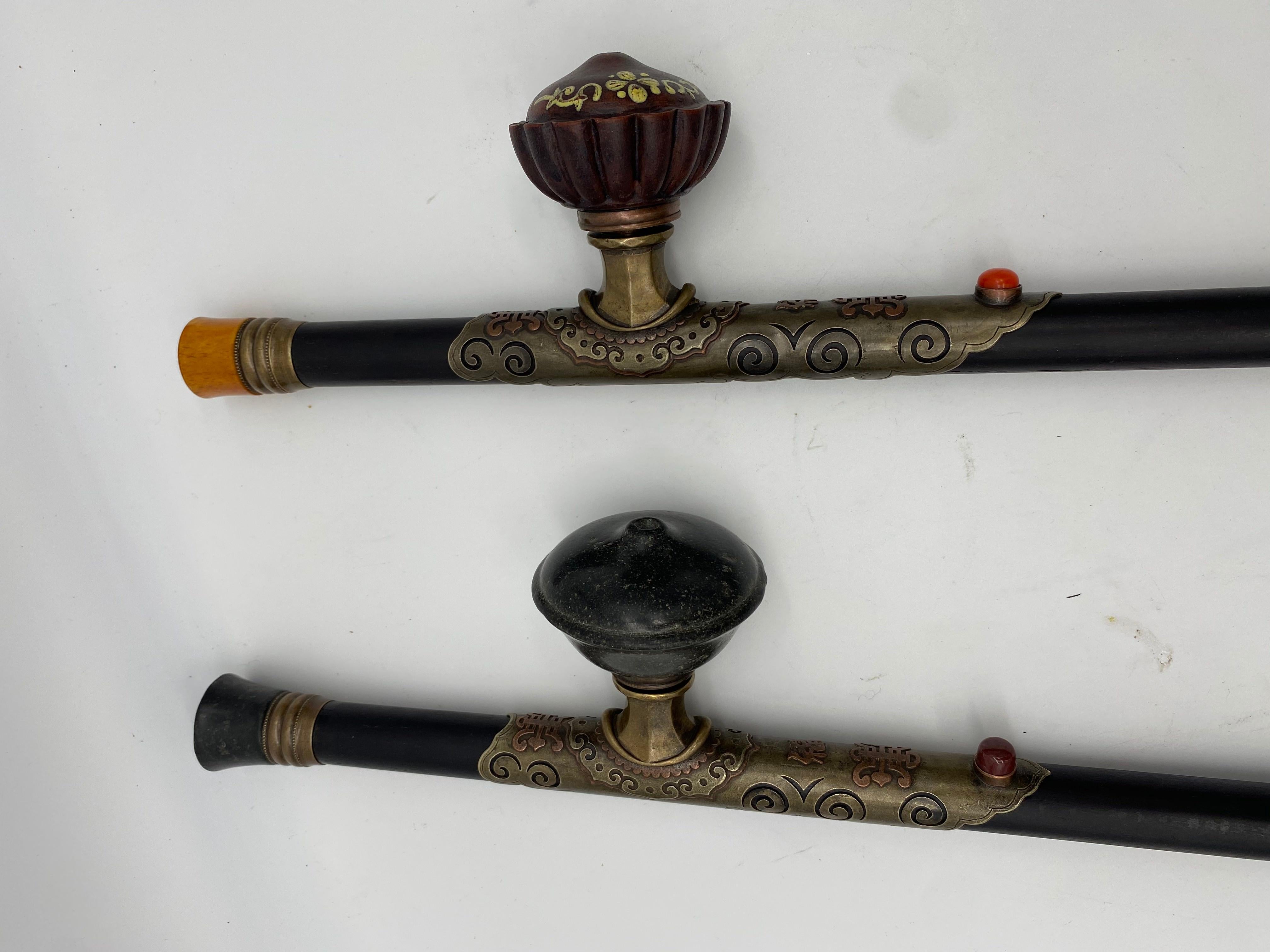 Bronzed 19th Century Set of Five-Piece Zitan Opium Pipes and Accessories For Sale