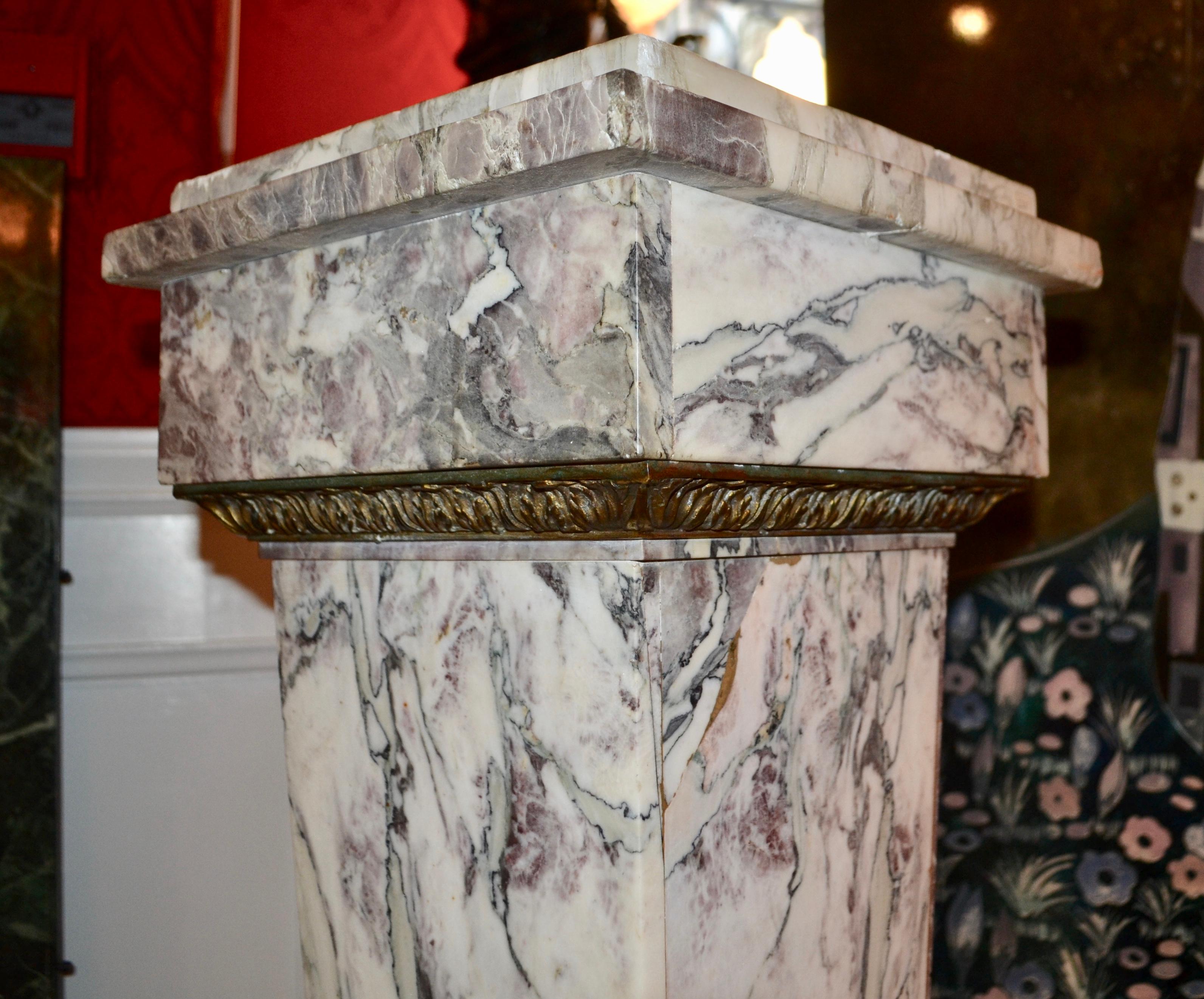 Neoclassical 19 Century Square Tapering Grey Marble Column with Bronze Trim For Sale