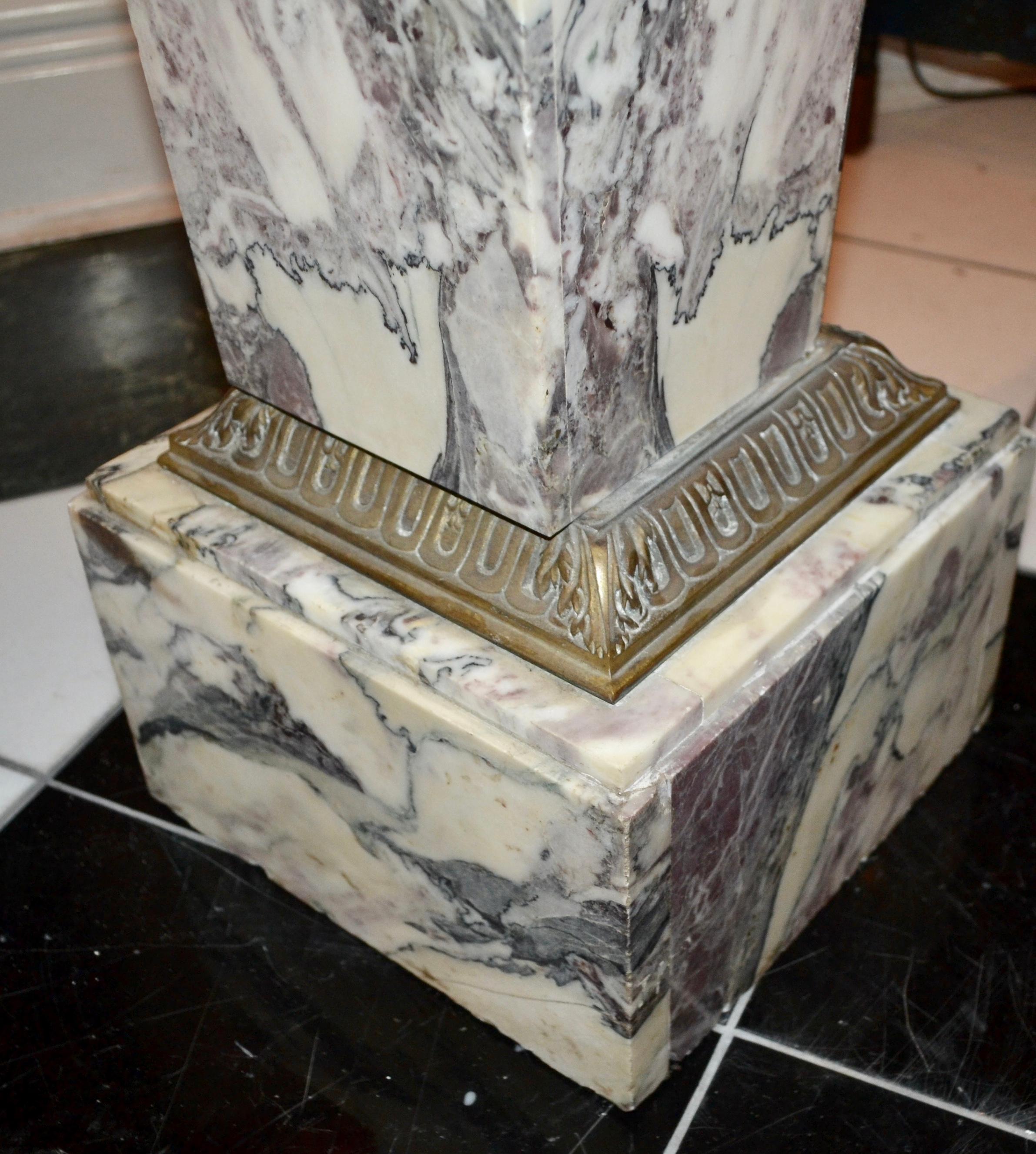 Italian 19 Century Square Tapering Grey Marble Column with Bronze Trim For Sale