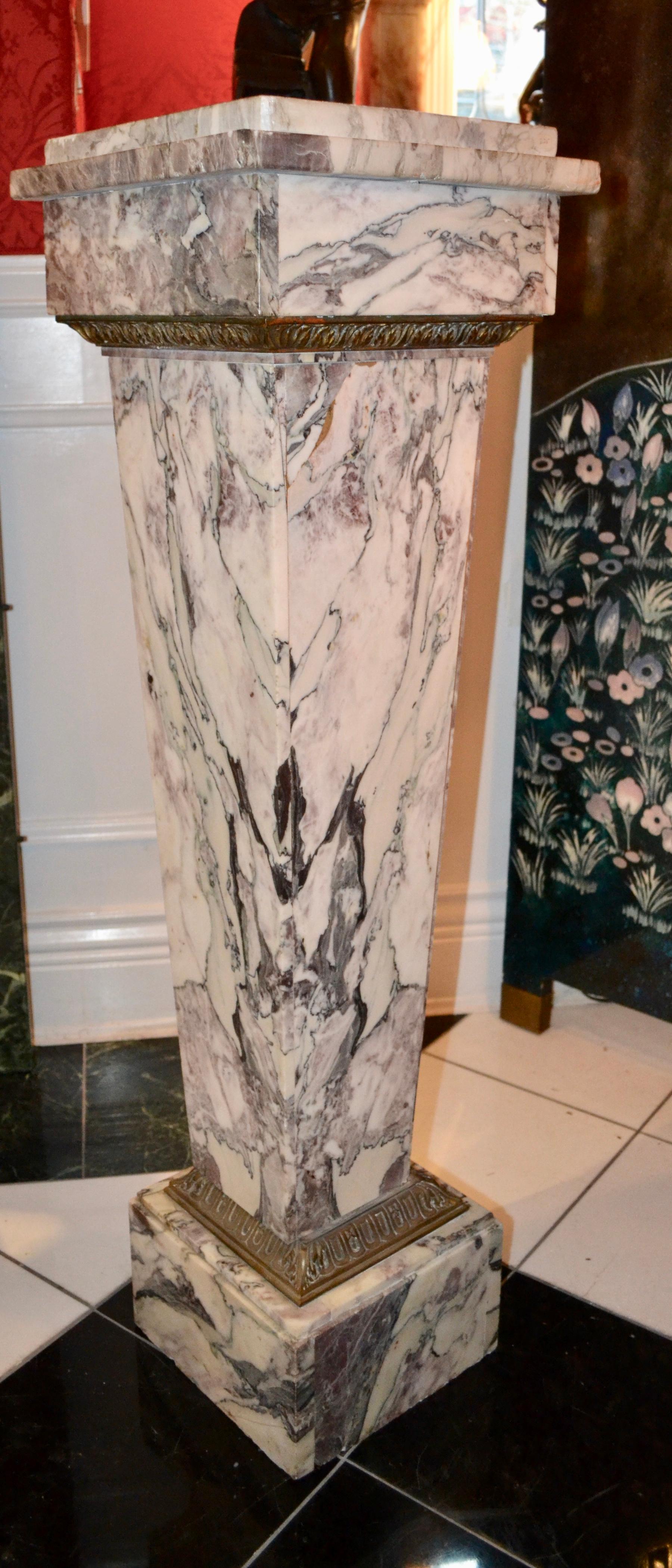 Gilt 19 Century Square Tapering Grey Marble Column with Bronze Trim For Sale