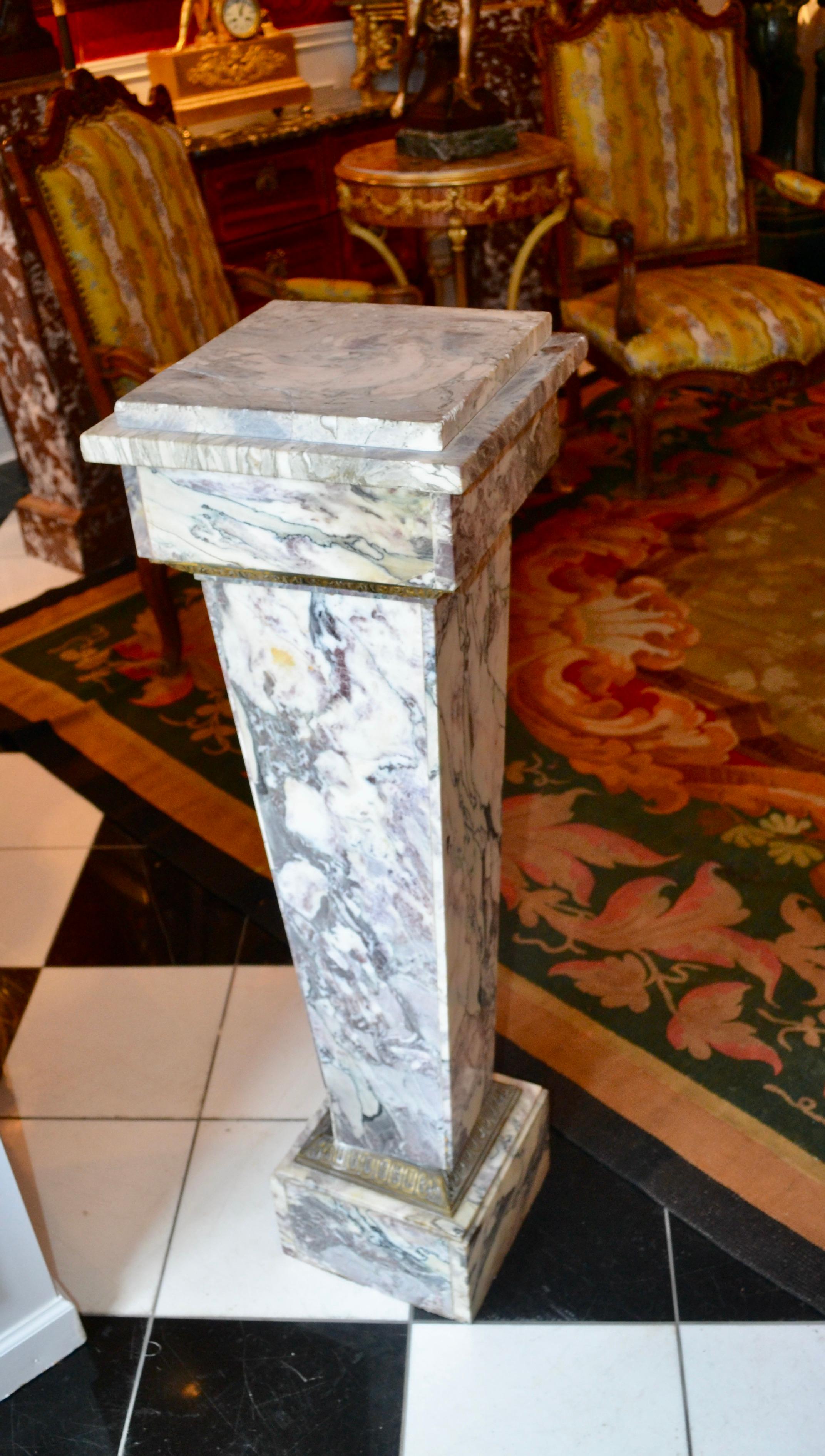 19th Century 19 Century Square Tapering Grey Marble Column with Bronze Trim For Sale