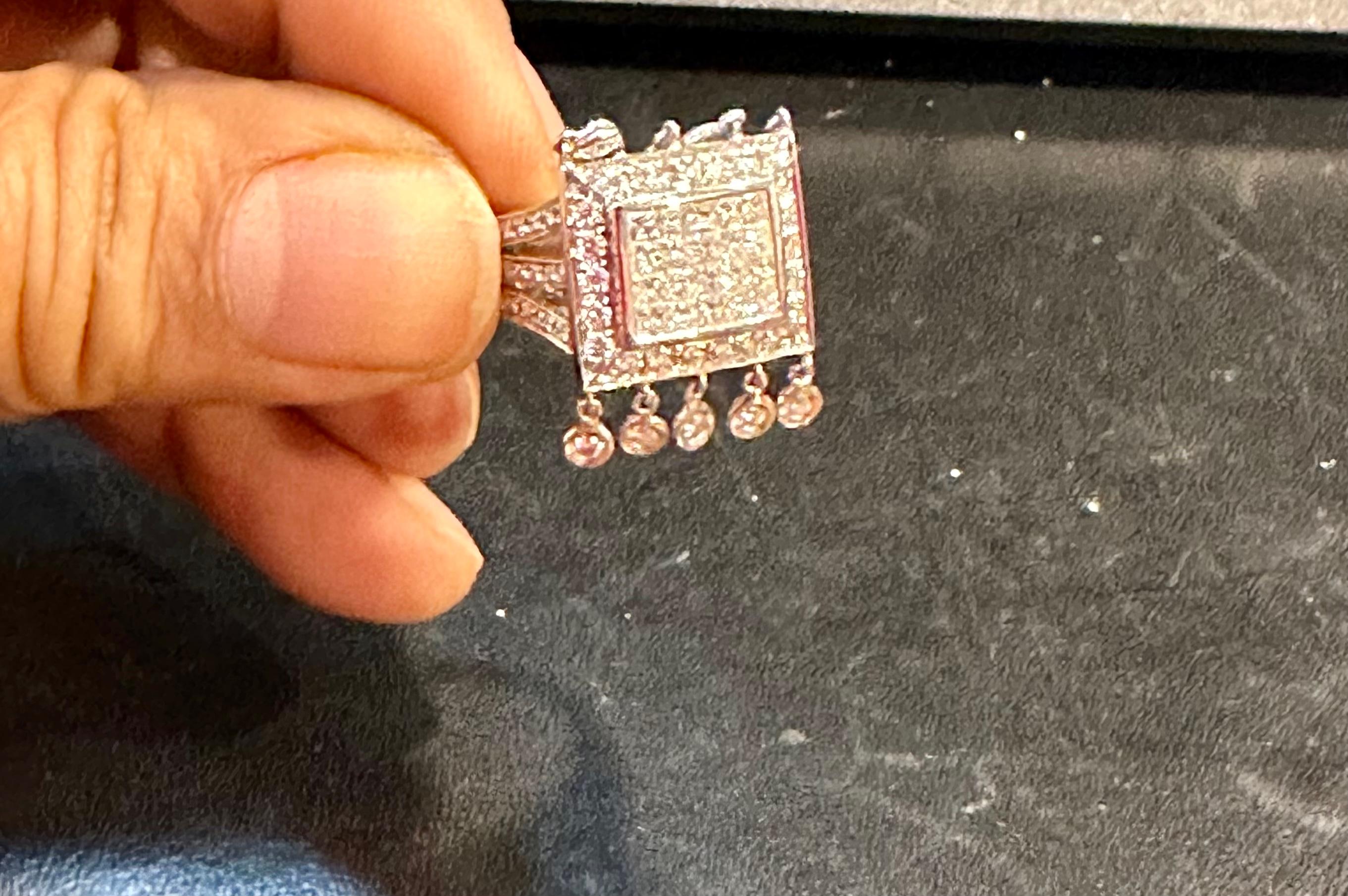 1.9 Ct Micro Pave Diamond 18 Karat White Gold  Hanging Diamond Ring Size 6.5 For Sale 4