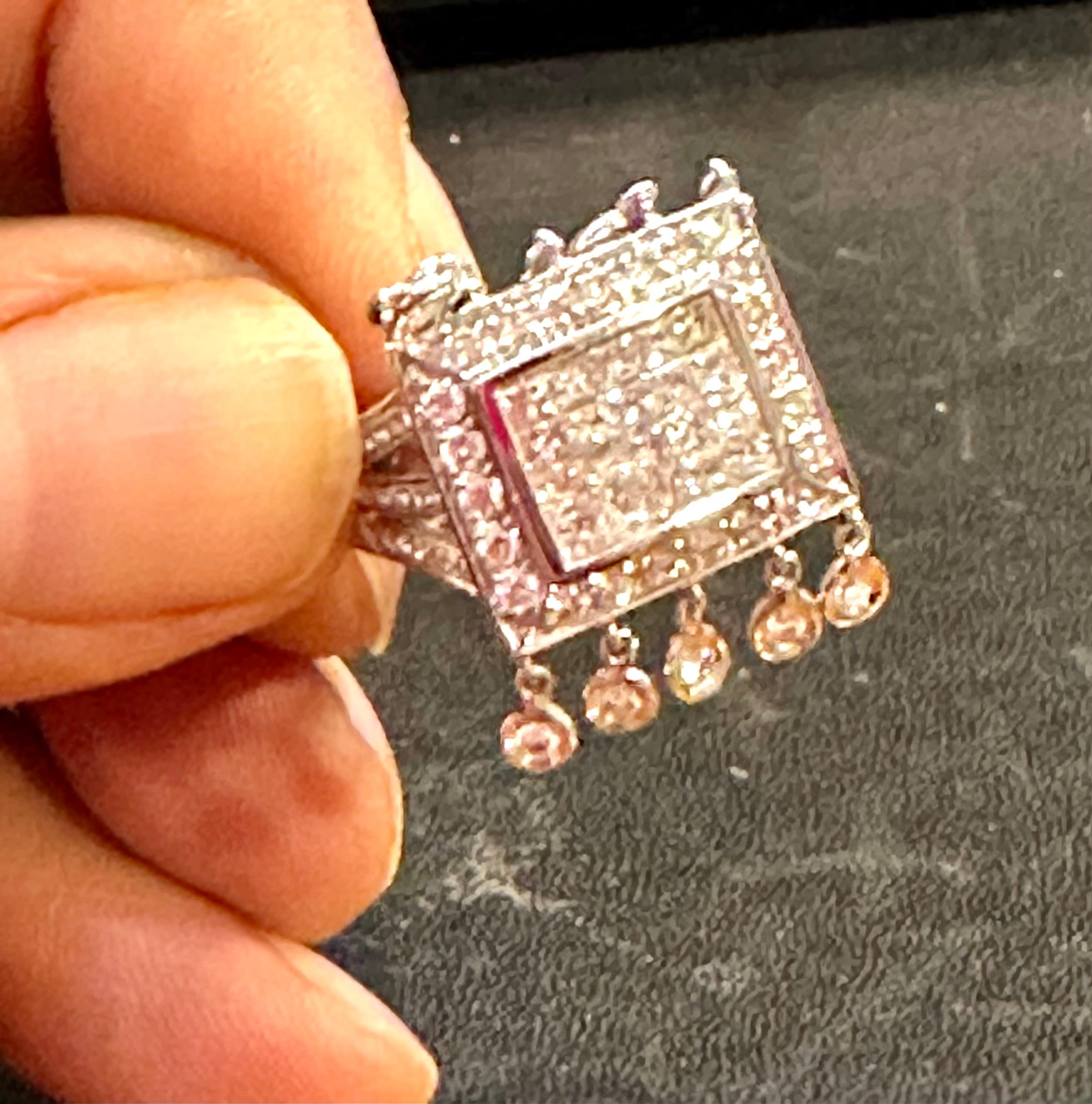 1.9 Ct Micro Pave Diamond 18 Karat White Gold  Hanging Diamond Ring Size 6.5 For Sale 5