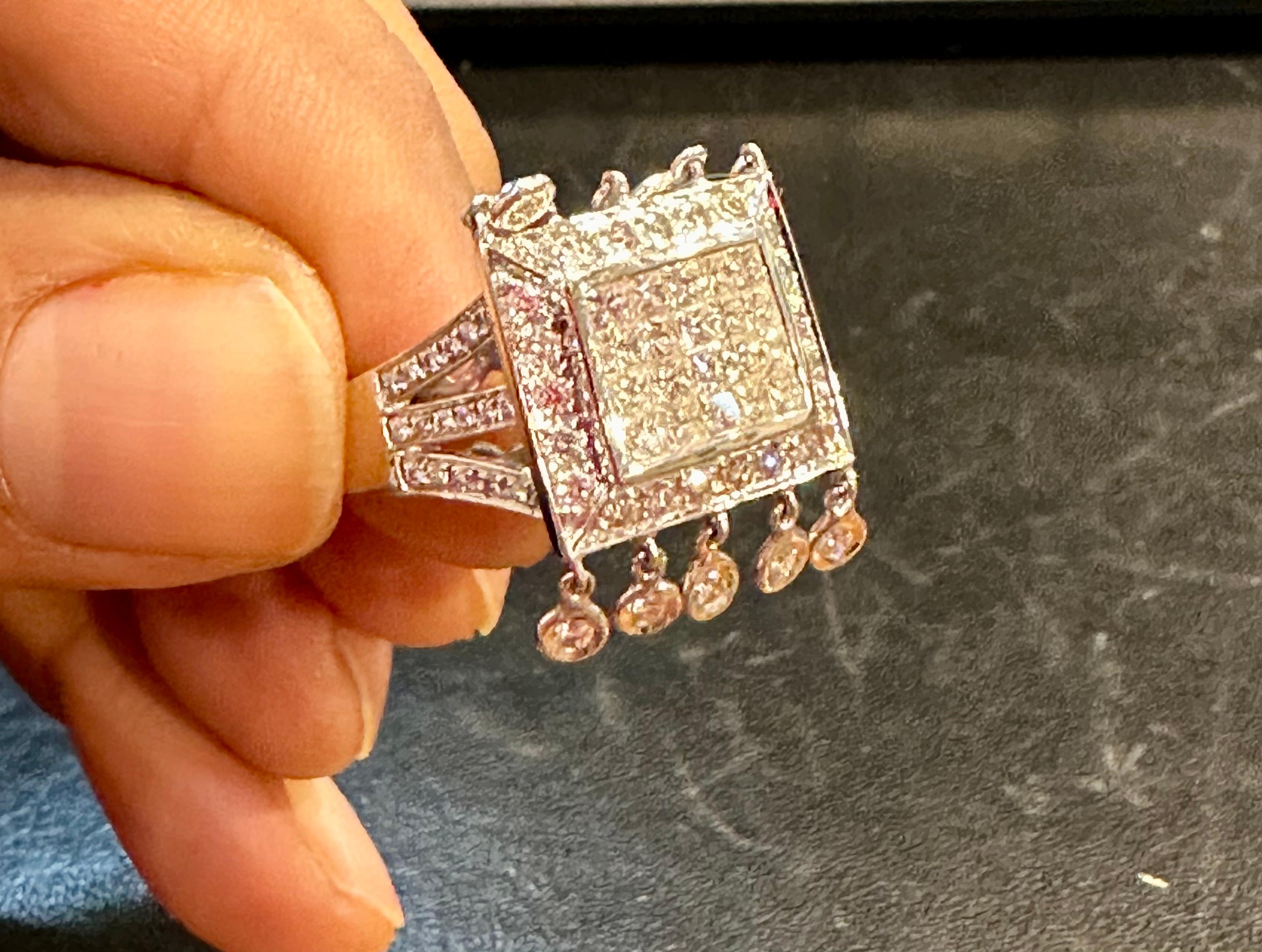 1.9 Ct Micro Pave Diamond 18 Karat White Gold  Hanging Diamond Ring Size 6.5 For Sale 6