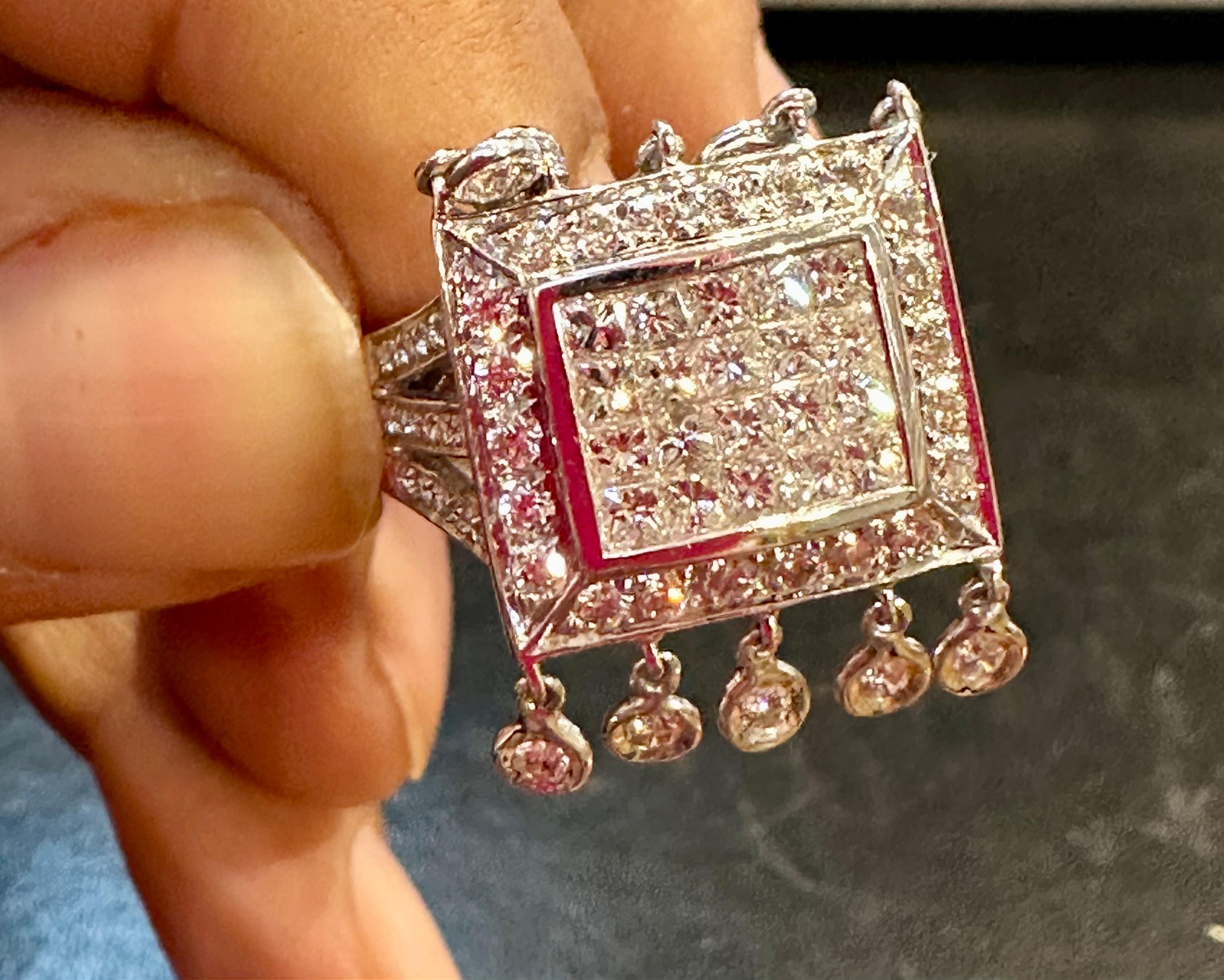 1.9 Ct Micro Pave Diamond 18 Karat White Gold  Hanging Diamond Ring Size 6.5 For Sale 7