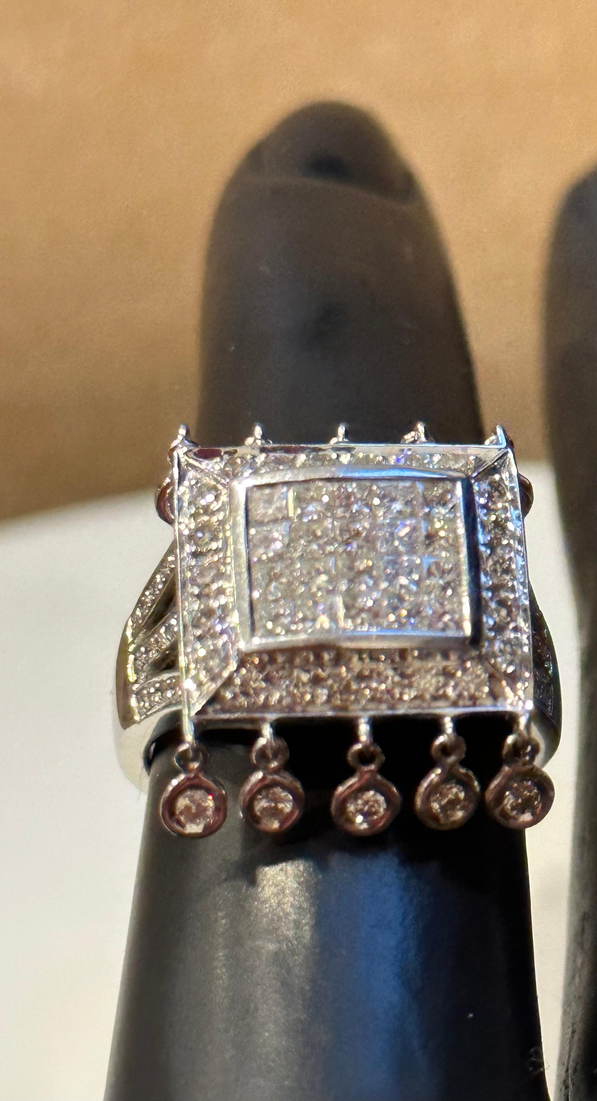 1.9 Ct Micro Pave Diamond 18 Karat White Gold  Hanging Diamond Ring Size 6.5 For Sale 8
