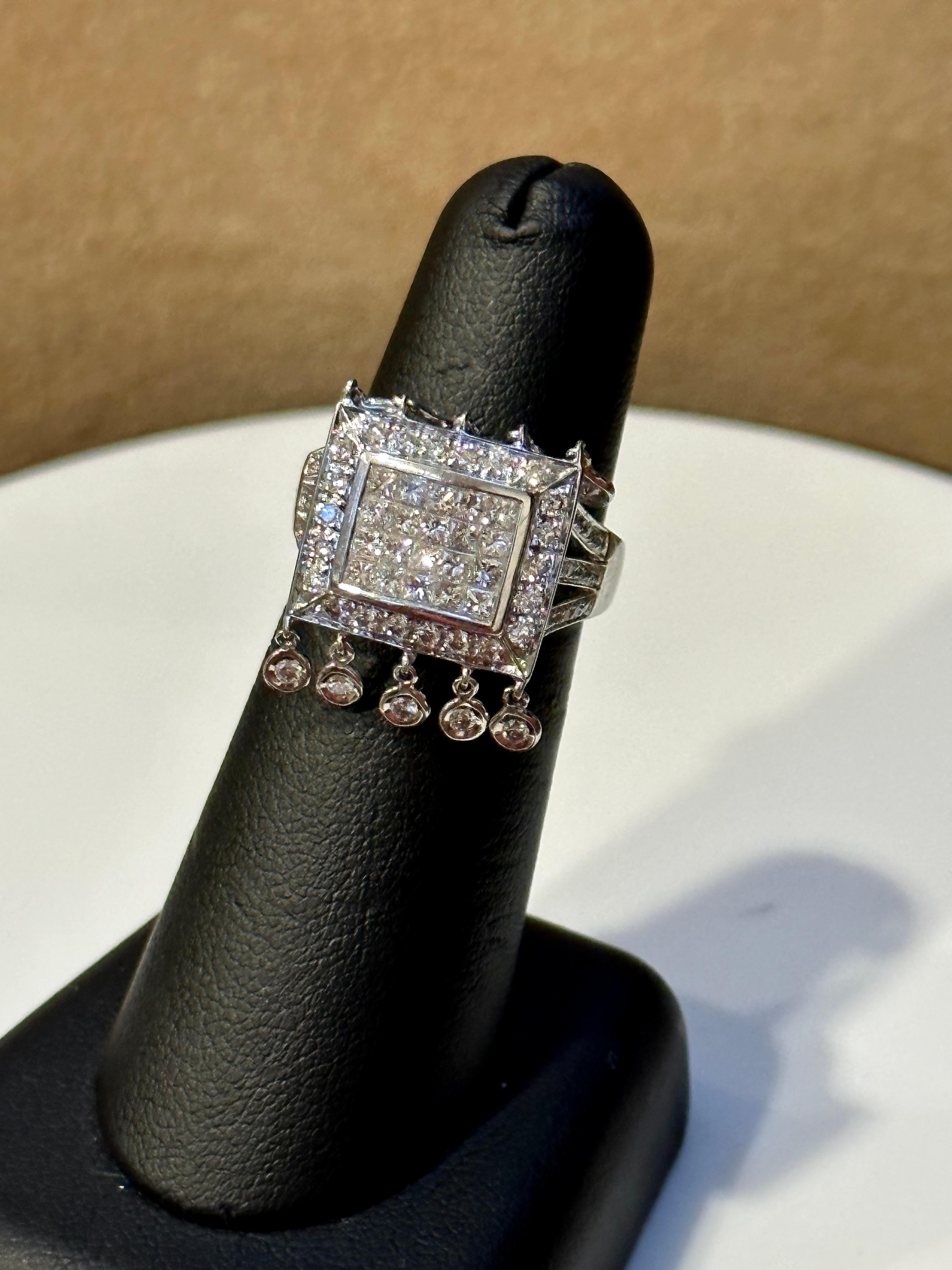 1.9 Ct Micro Pave Diamond 18 Karat White Gold  Hanging Diamond Ring Size 6.5 For Sale 9