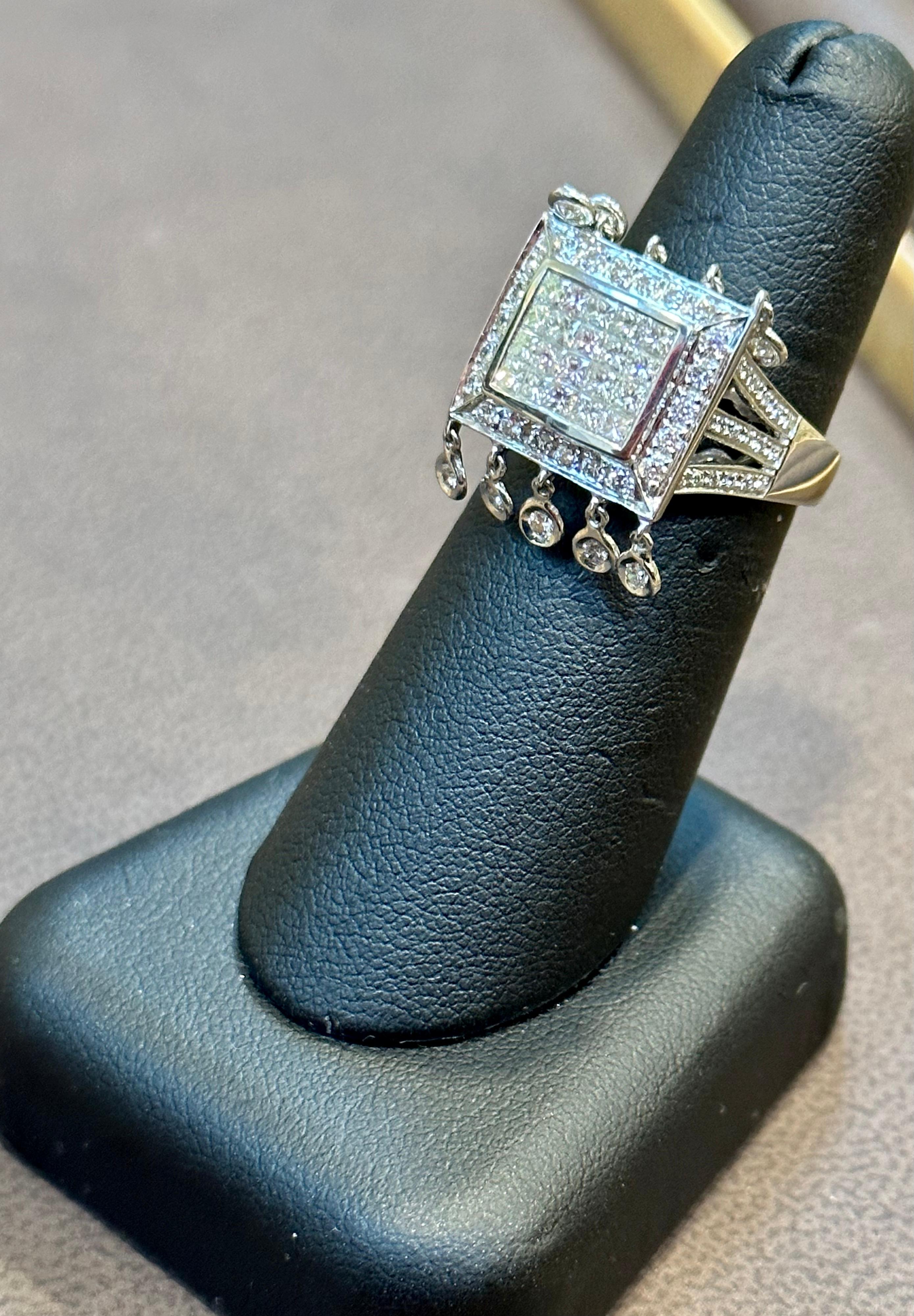 1.9 Ct Micro Pave Diamond 18 Karat White Gold  Hanging Diamond Ring Size 6.5 In Excellent Condition For Sale In New York, NY