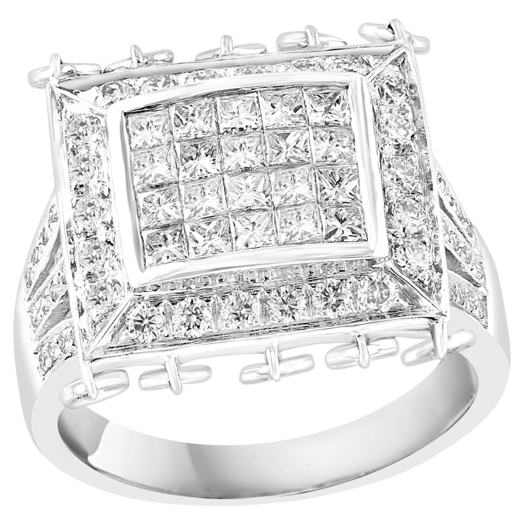1.9 Ct Micro Pave Diamond 18 Karat White Gold  Hanging Diamond Ring Size 6.5 For Sale