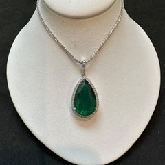 GIA Certified 19 Ct Pear Cut Emerald & 1 Ct Diamond Halo Pendent/Necklace 14 KWG