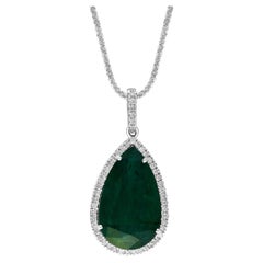 19 Ct Pear Cut Emerald & 1 Ct Diamond Halo Pendent/Necklace 14 KW Gold Chain