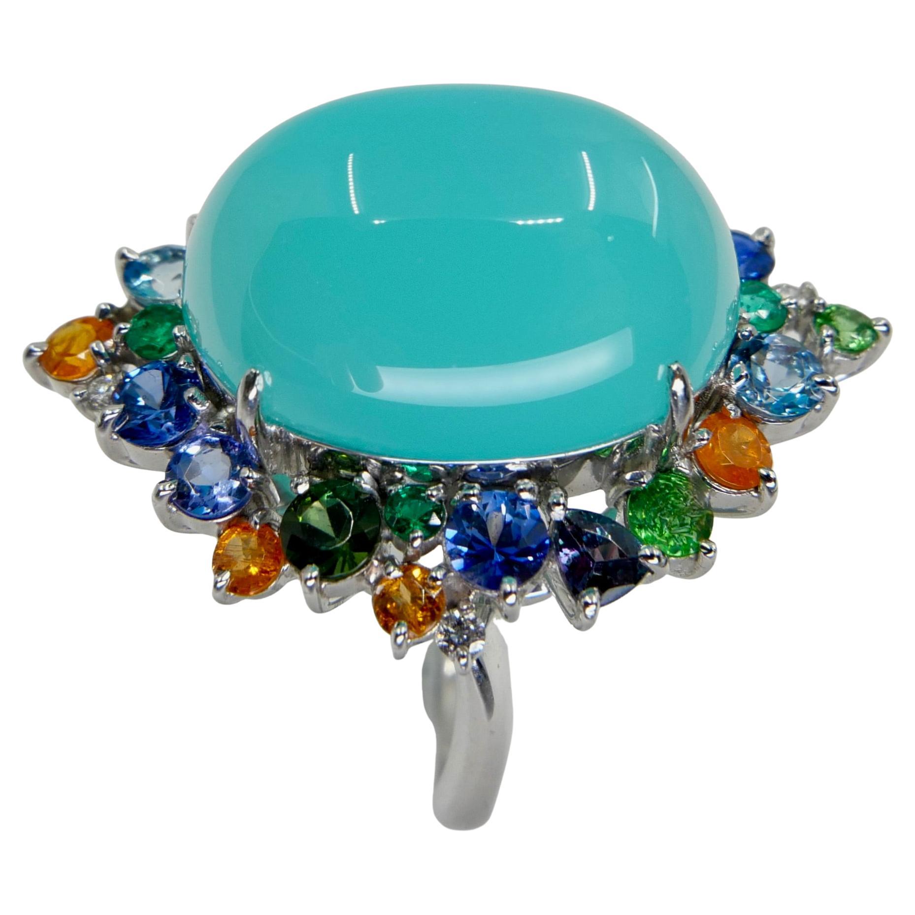 19 Cts Chalcedony, Colored Gems & Diamond Statement Cocktail Ring, Substantial