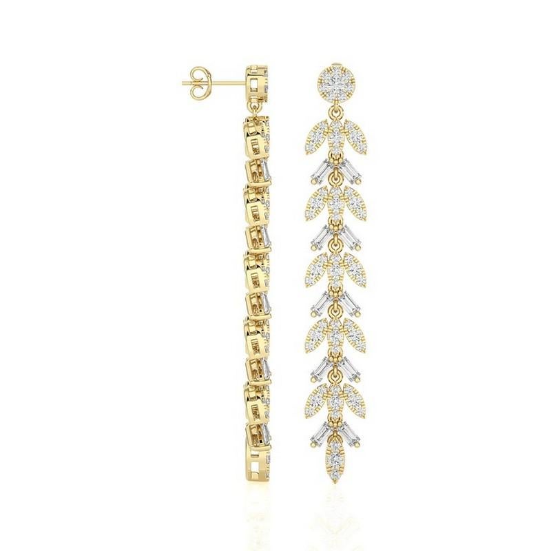 Taglio rotondo Diamante 1,9 CTW a forma di foglia in oro giallo 14K con orecchino pendente della collezione Moonlight in vendita