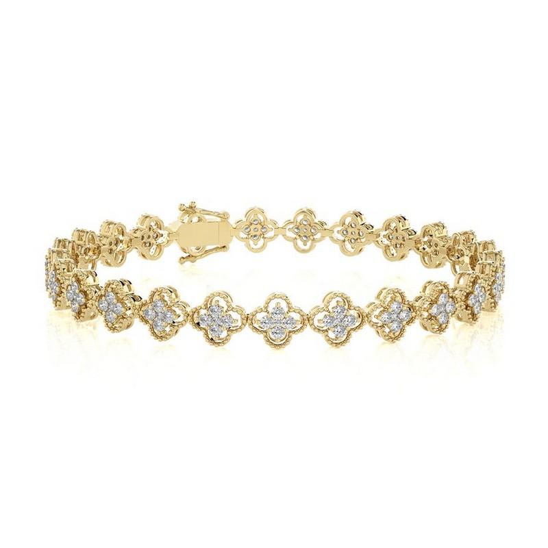 Overview:
The Moonlight Collection’s floral bracelet is a breathtaking and elegant piece, featuring 1.9 carats of round diamonds set in 18K yellow gold. This bracelet combines the radiant shine of yellow gold with the brilliant sparkle of round
