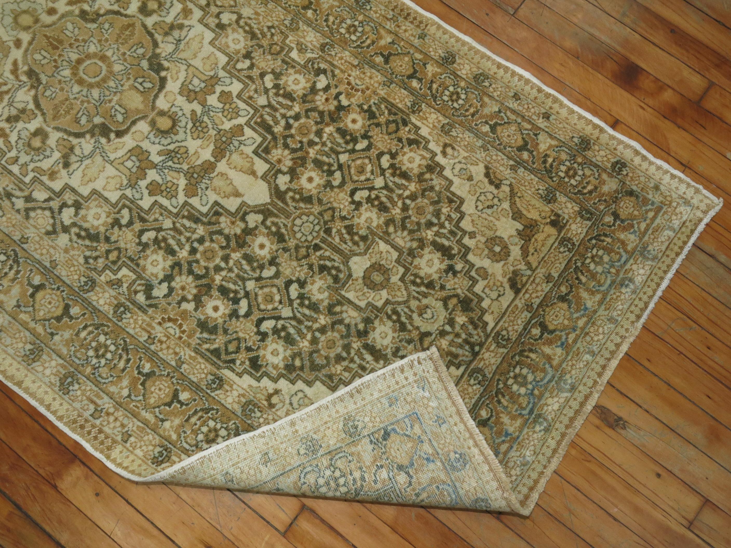 Hand-Knotted Green Beige Persian Tabriz Runner For Sale