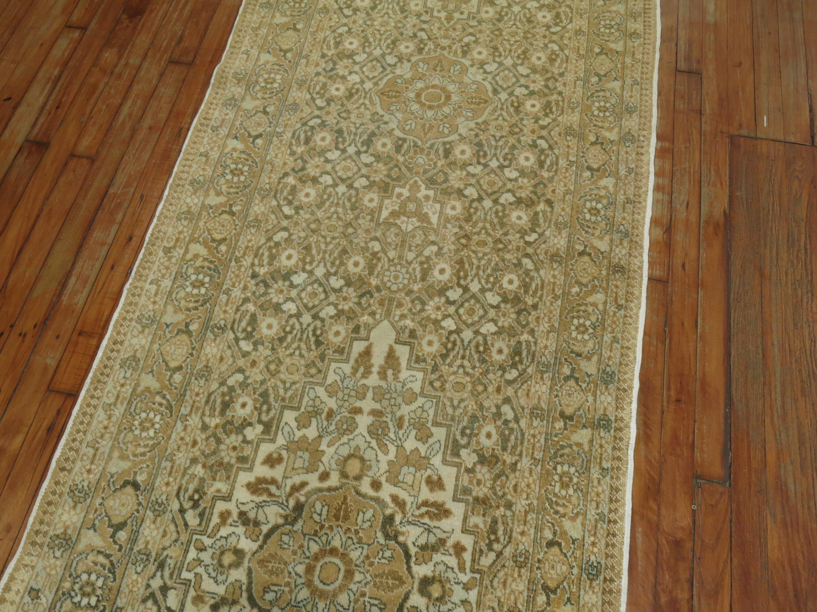 Green Beige Persian Tabriz Runner In Good Condition For Sale In New York, NY