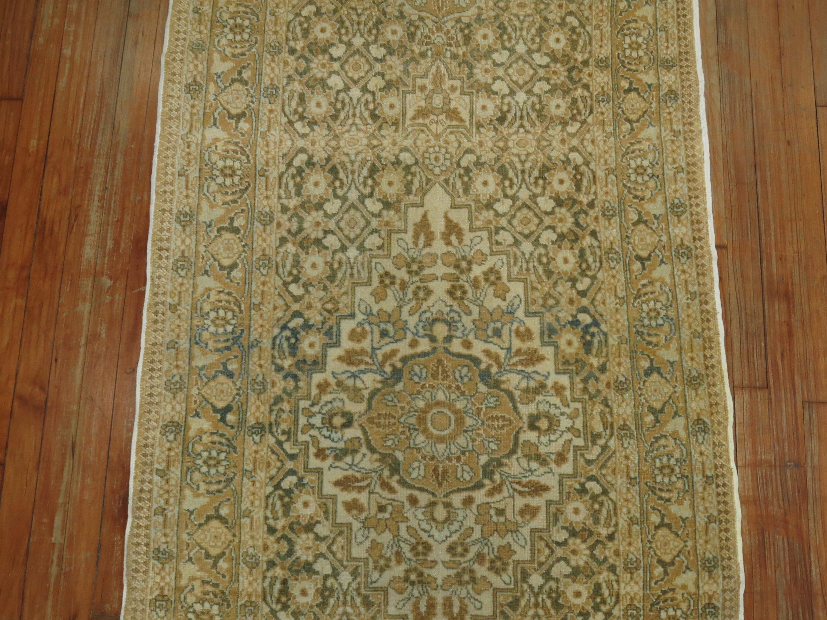 Early 20th Century Green Beige Persian Tabriz Runner For Sale