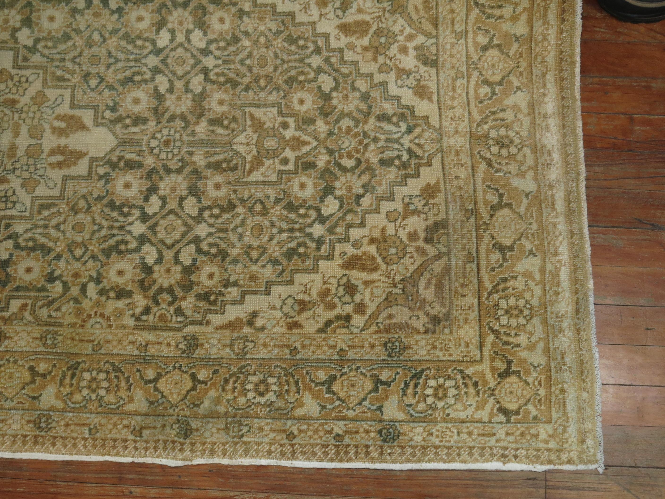 Wool Green Beige Persian Tabriz Runner For Sale