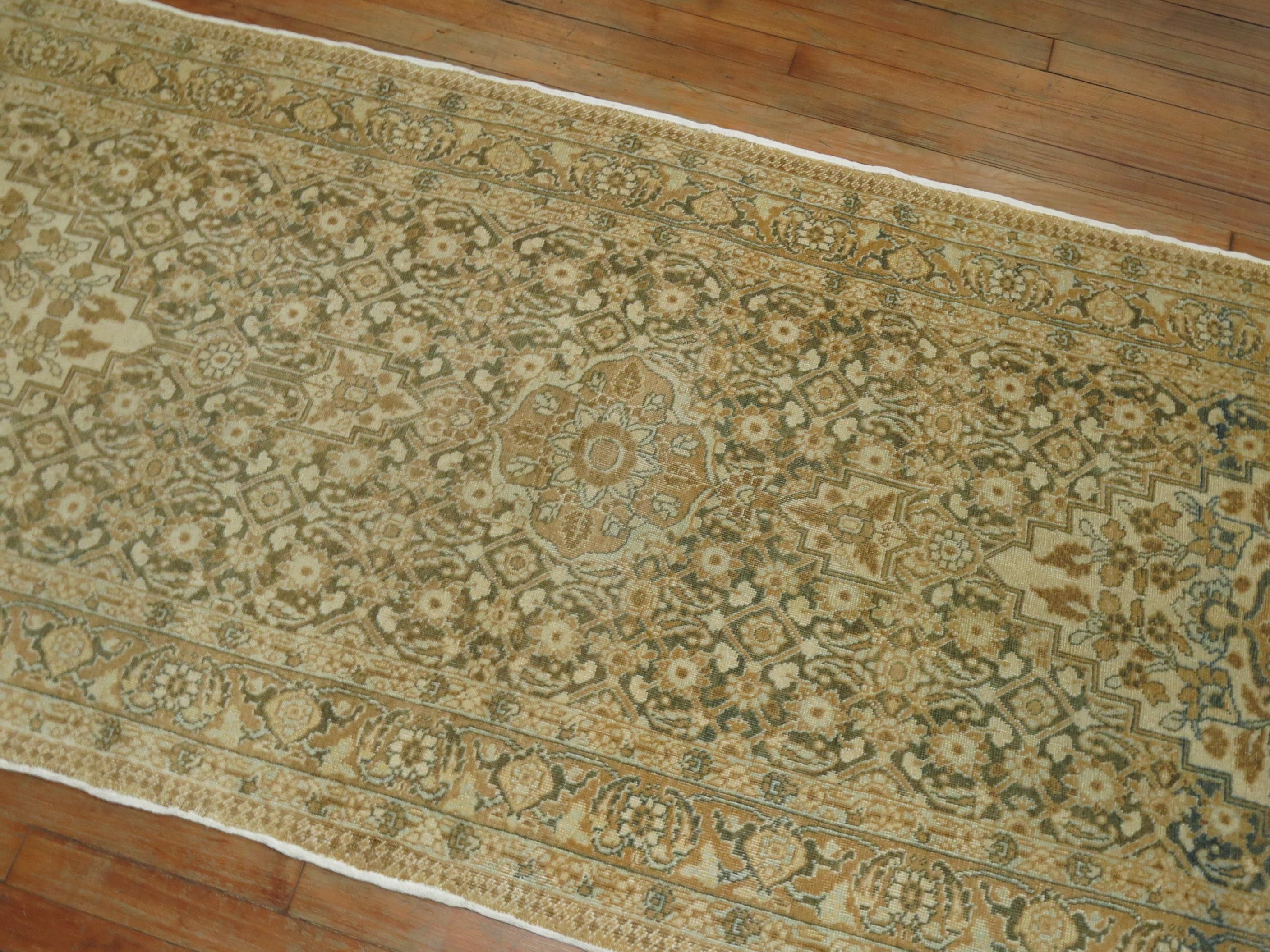 Green Beige Persian Tabriz Runner For Sale 1