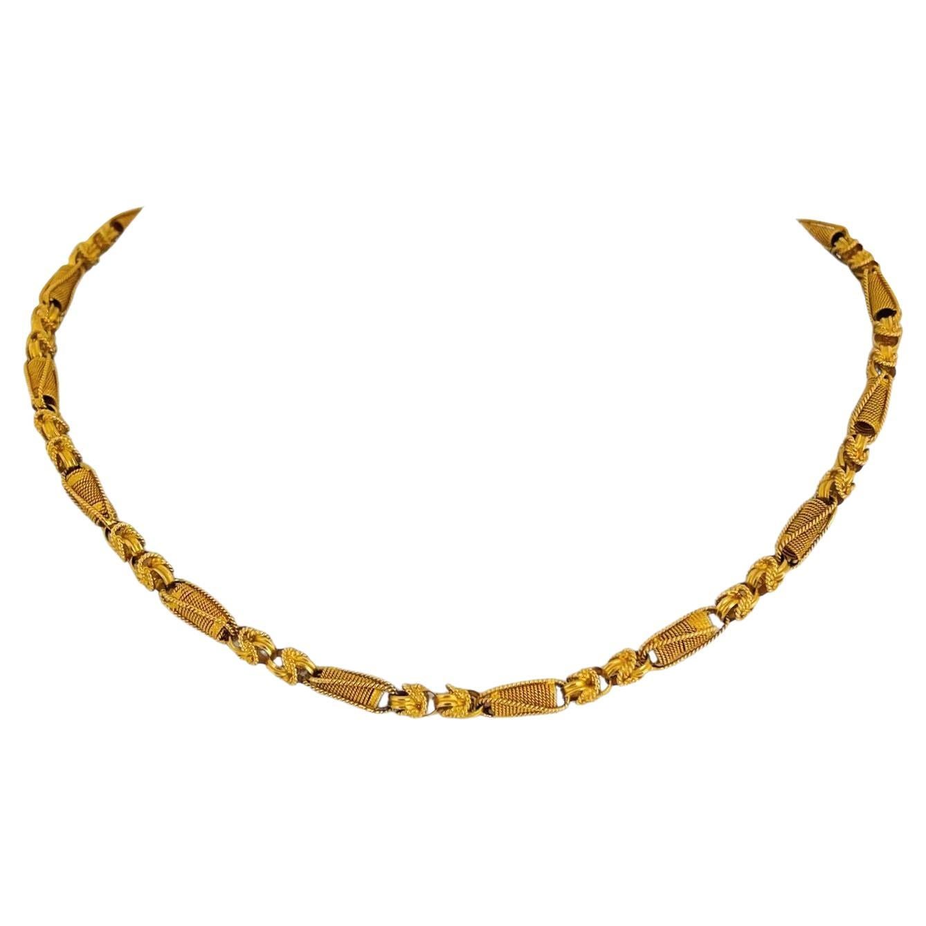 19 Karat Portuguese Yellow Gold Ladies Fancy Ribbed Byzantine Link Necklace