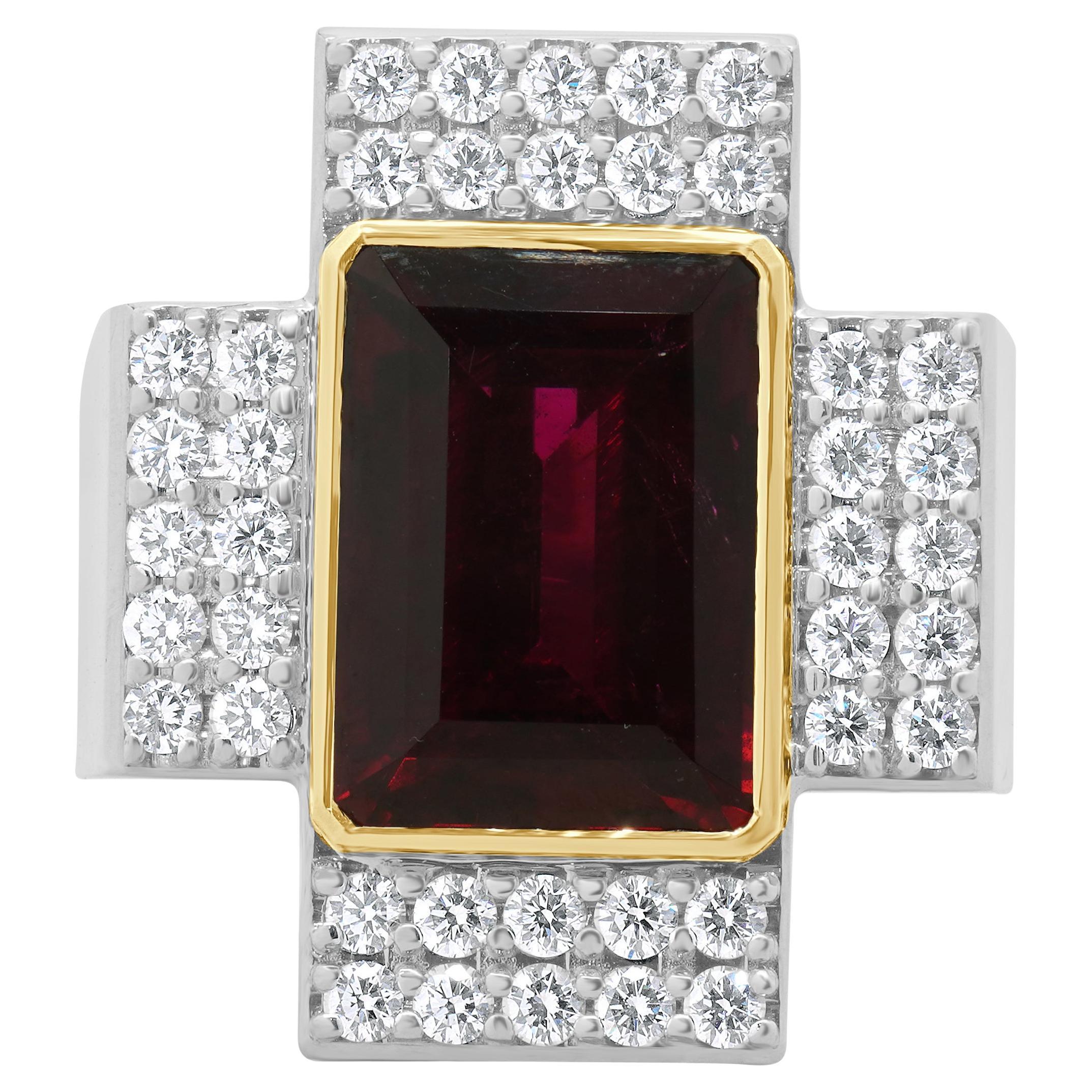 19 Karat Weiß- und Gelbgold Rubellit Turmalin und Diamant Kreuz Ring im Angebot