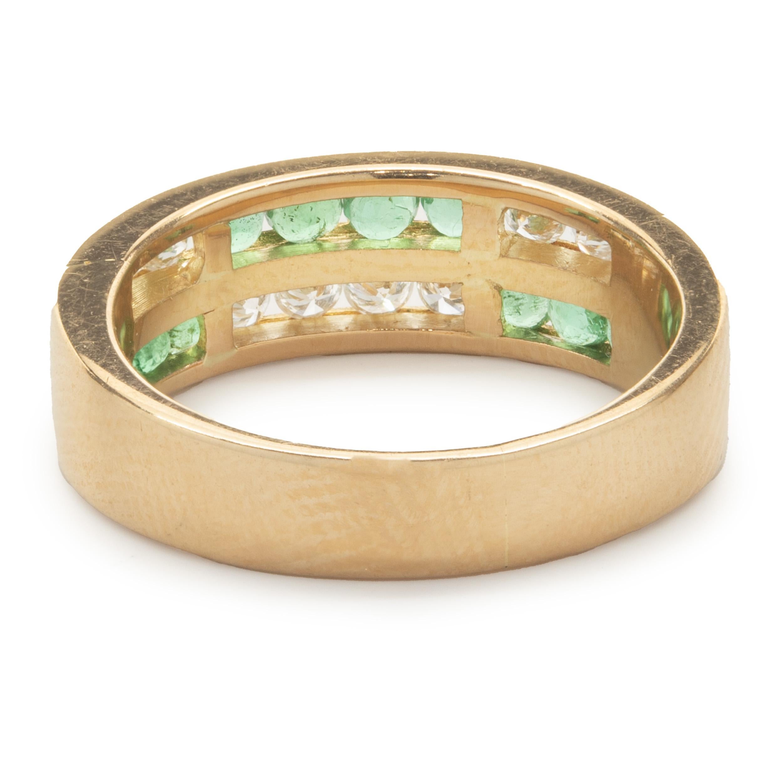Round Cut 19 Karat Yellow Gold Double Row Channel Set Diamond and Emerald Band