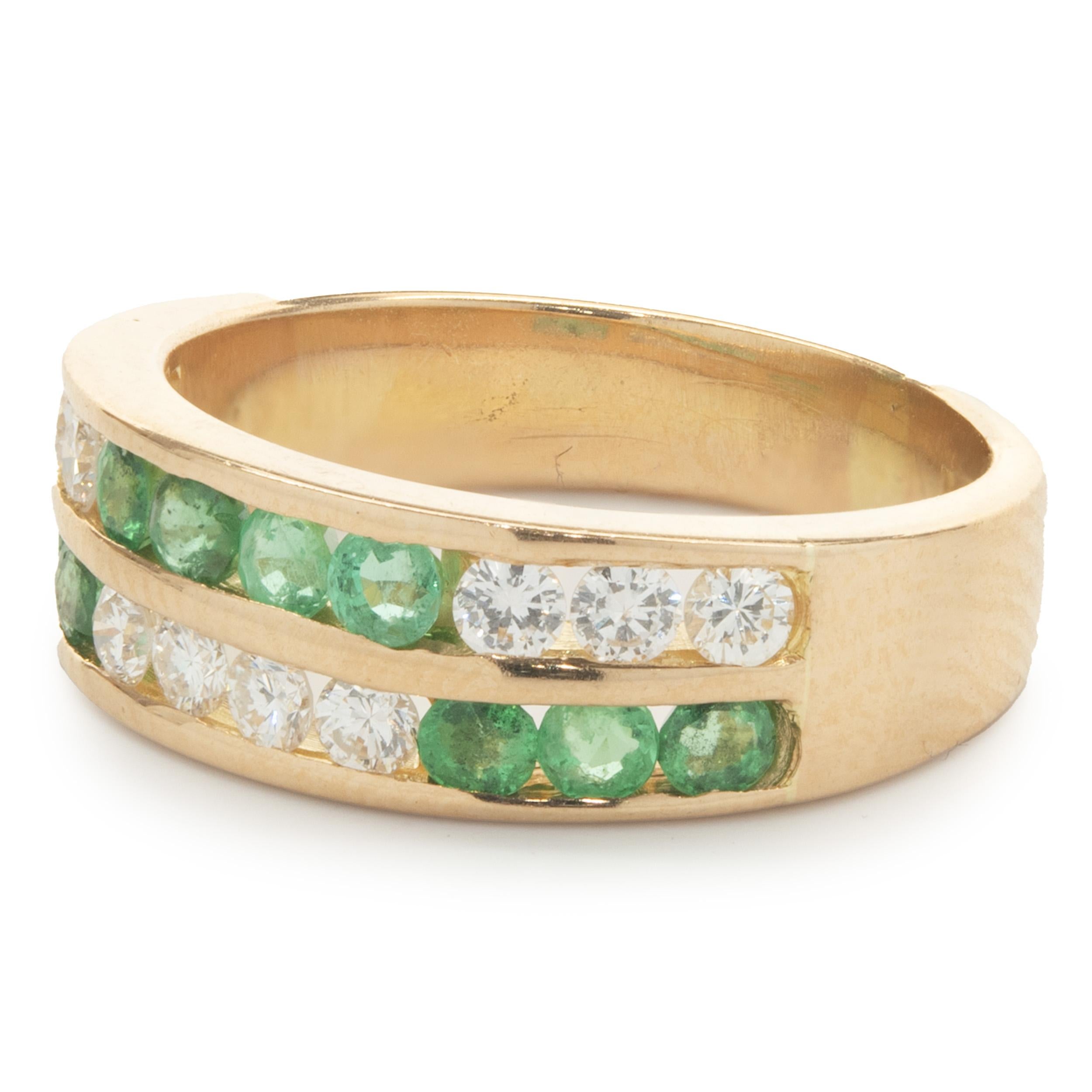19 Karat Yellow Gold Double Row Channel Set Diamond and Emerald Band In Excellent Condition In Scottsdale, AZ