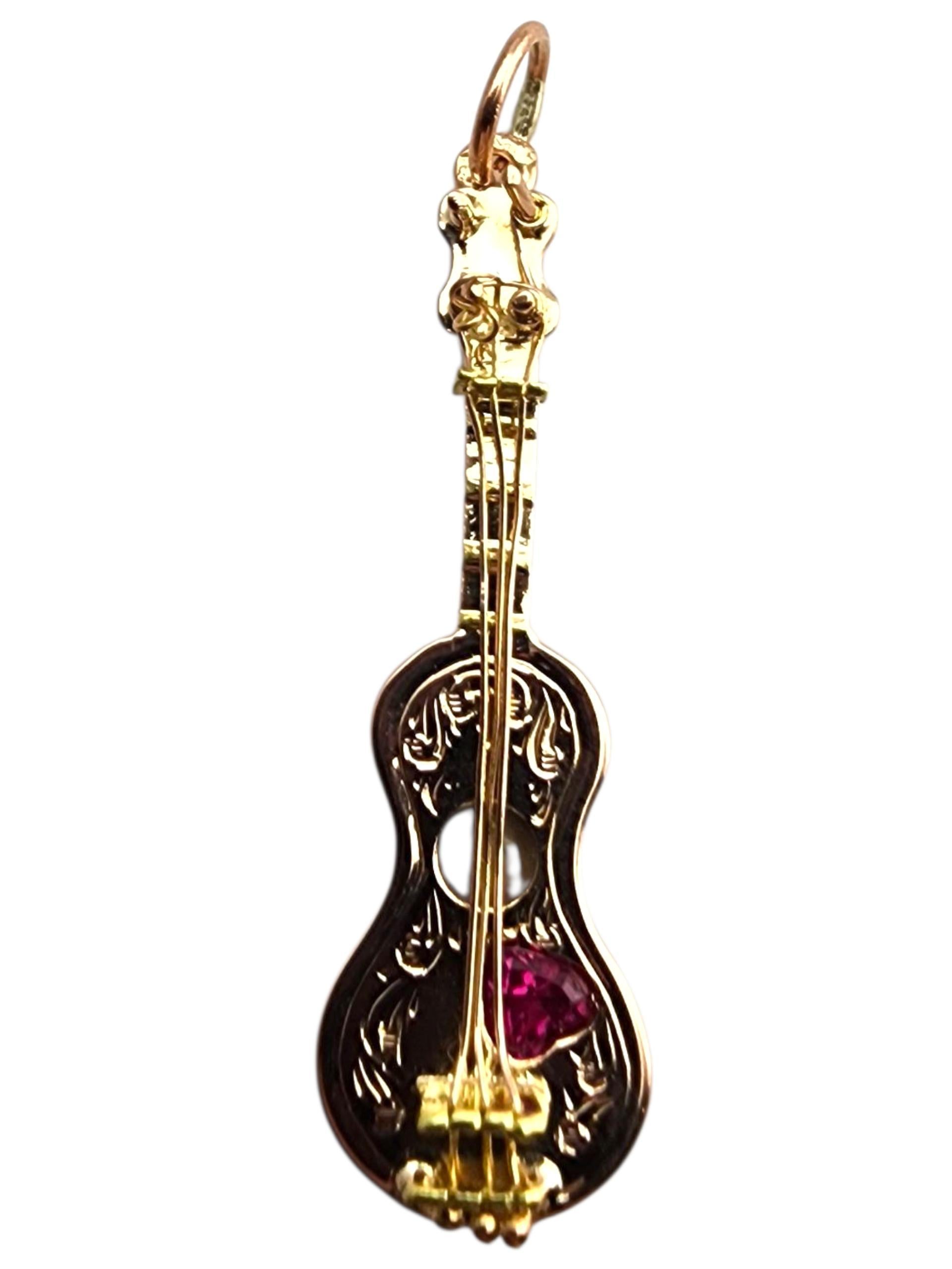 19 Karat Yellow Gold Portuguese Guitar Charm w/ Red Heart Stone #23933