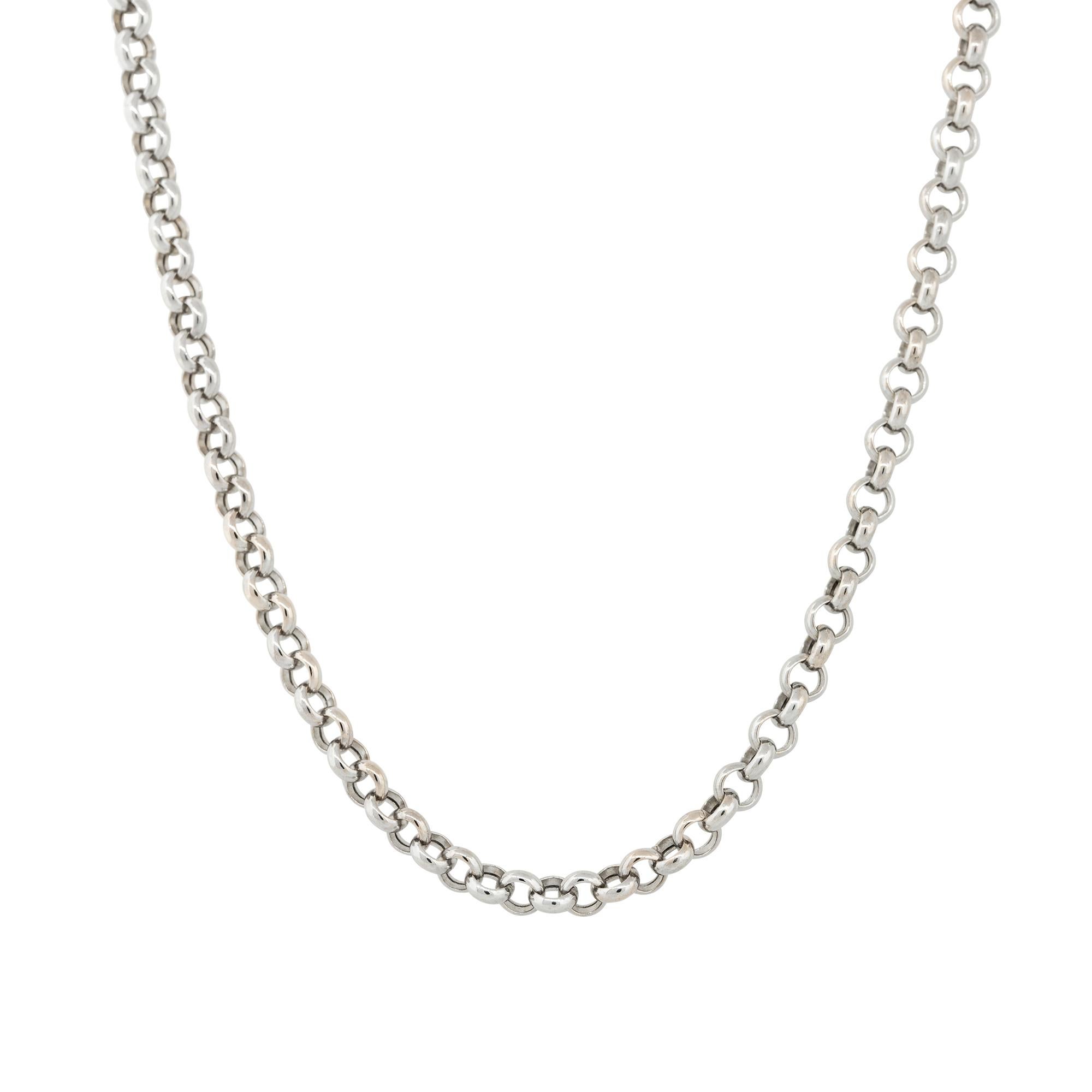 14k White Gold 19″ Men's 6mm Round Rolo Link Chain

Material: 14k White Gold
Measurements: Necklace Measures 19″ in Length and 6mm in Thickness
Fastening: Spring Ring Clasp
Item Weight: 17.5g (11.3dwt)
Additional Details: This item comes with a