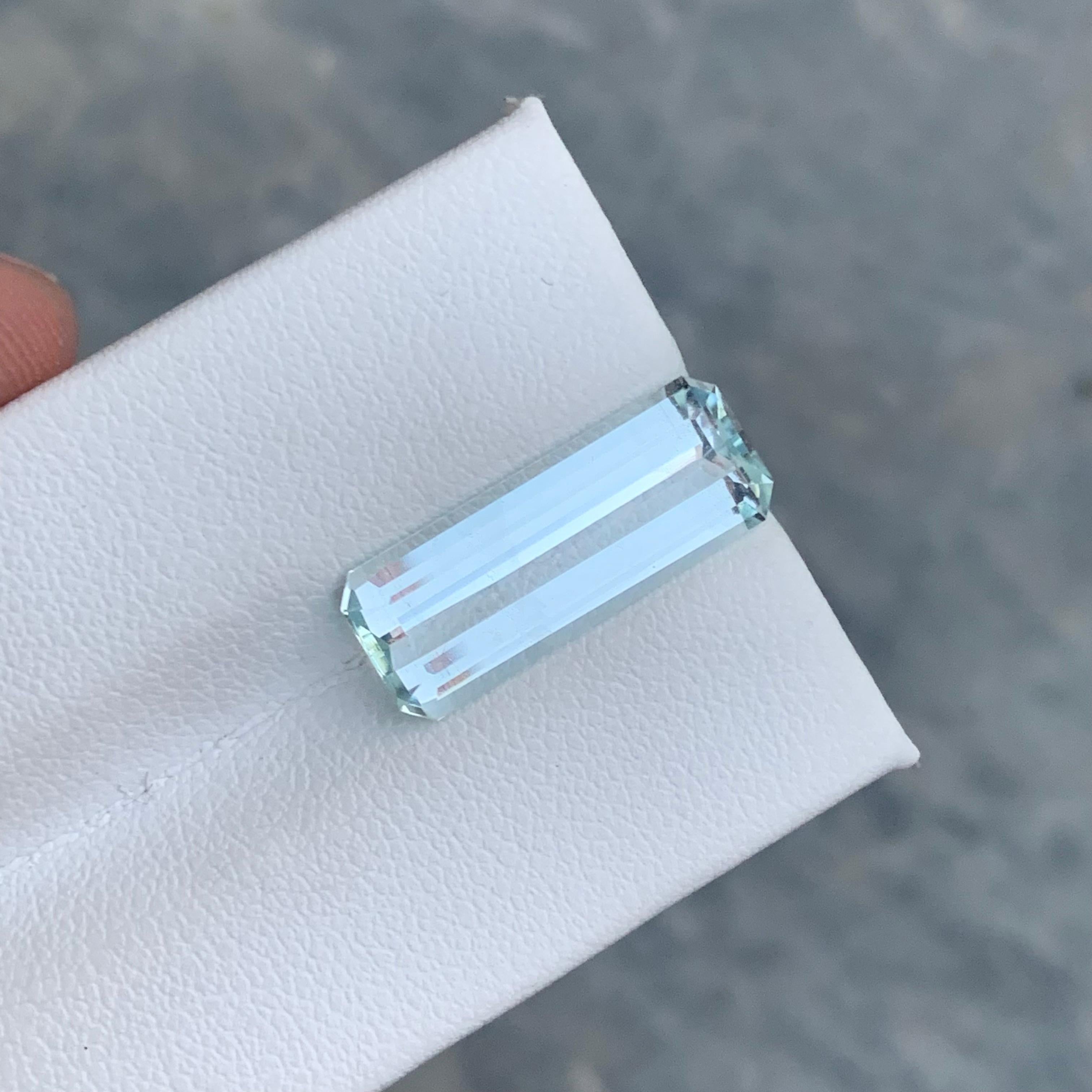 Gemstone Type : Aquamarine
Weight : 5.45 Carats
Dimensions : 19.3x7.4x4.9 Mm
Clarity : Eye Clean
Origin : Pakistan
Shape: Shield
Color: Light White Blue 
Certificate: On Demand
Birthstone Month: March
It has a shielding effect on your energy field