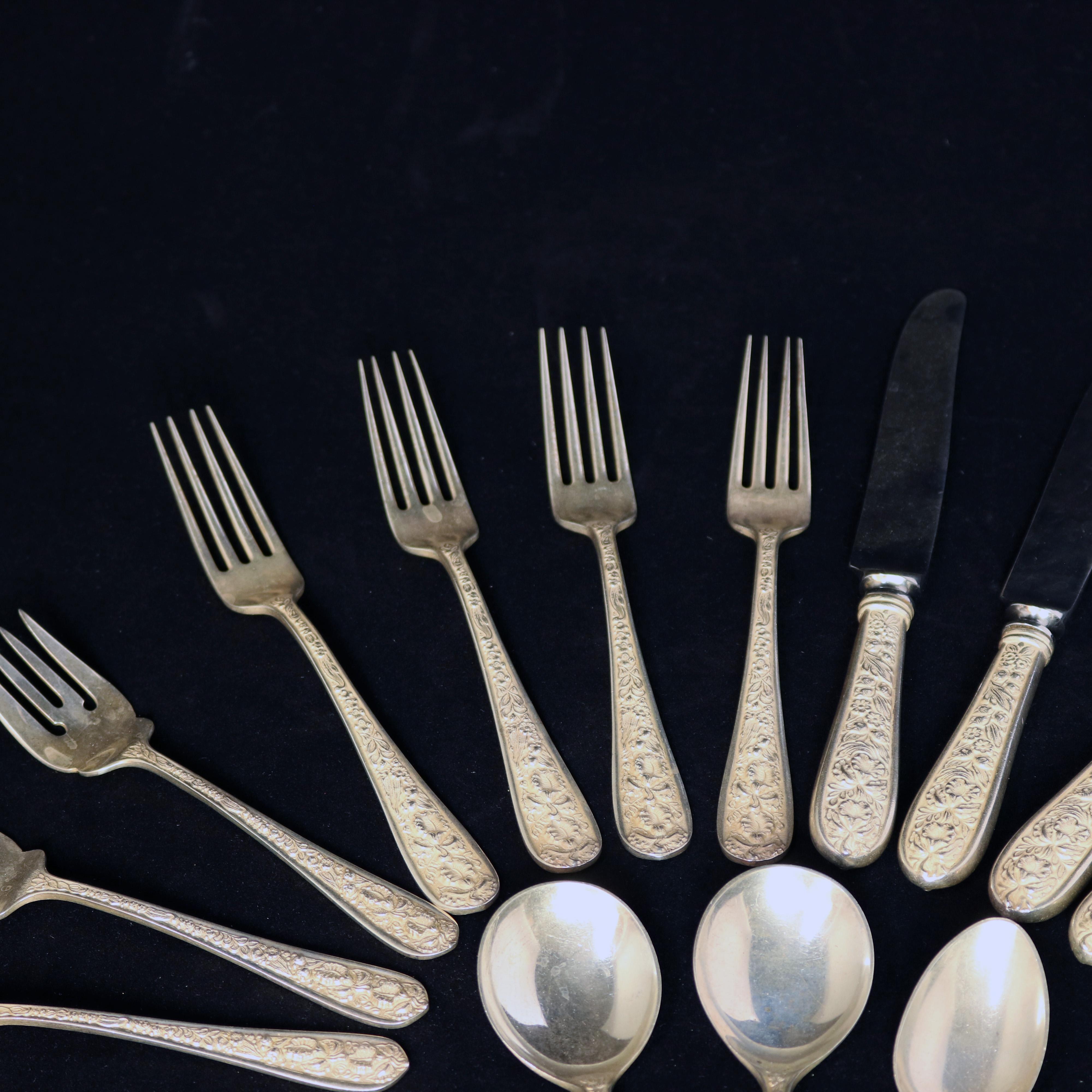 Victorian 19 Pc Sterling Silver S. Kirk Stieff Rose Repousse Floral Flatware, 19th Century