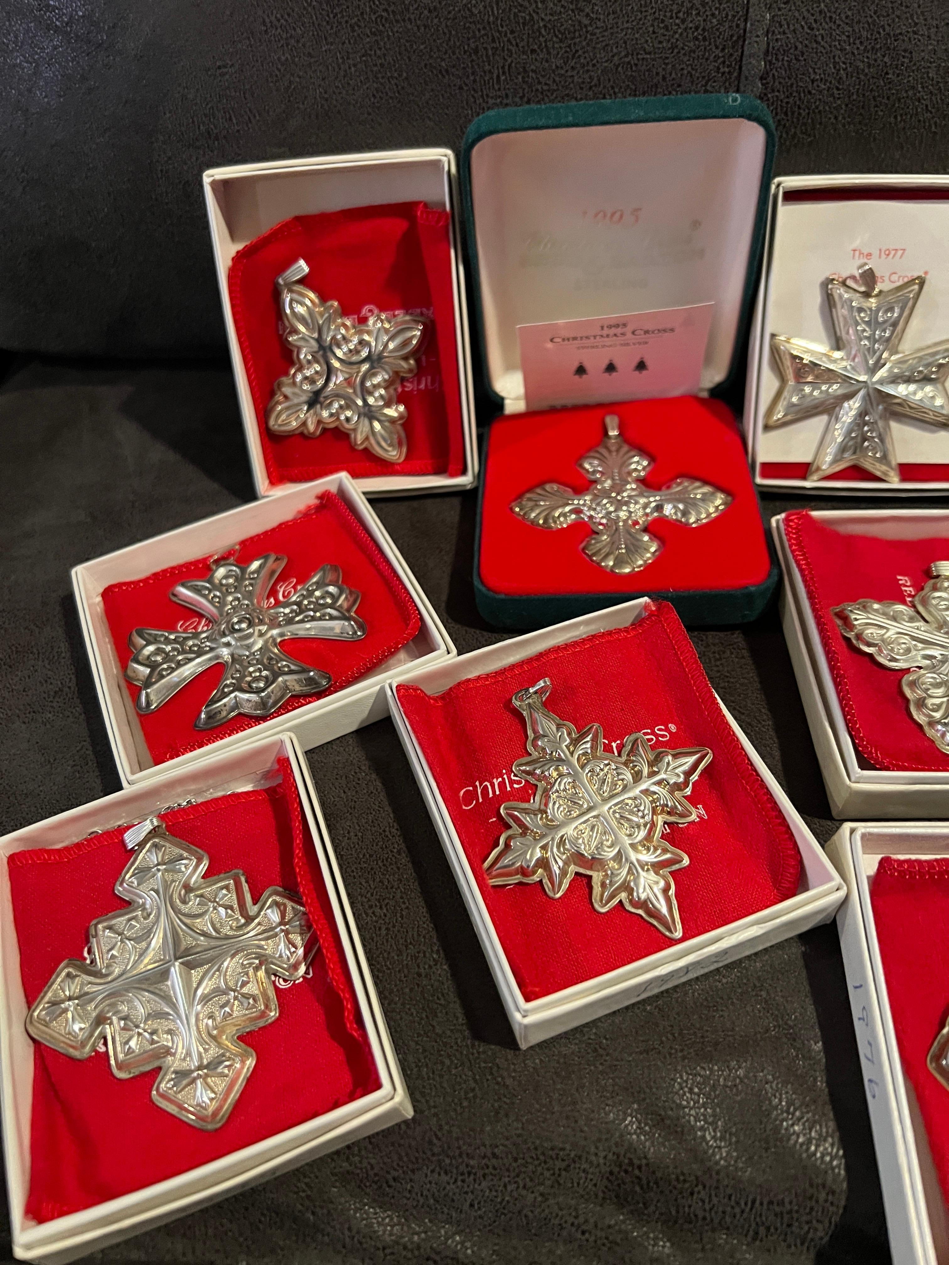 Celebrate the holiday season with this beautiful set of (19) Reed & Barton sterling silver Christmas ornaments, ranging from 1975 to 1997. Each ornament is delicately crafted and full of intricate details, making them a perfect addition to any